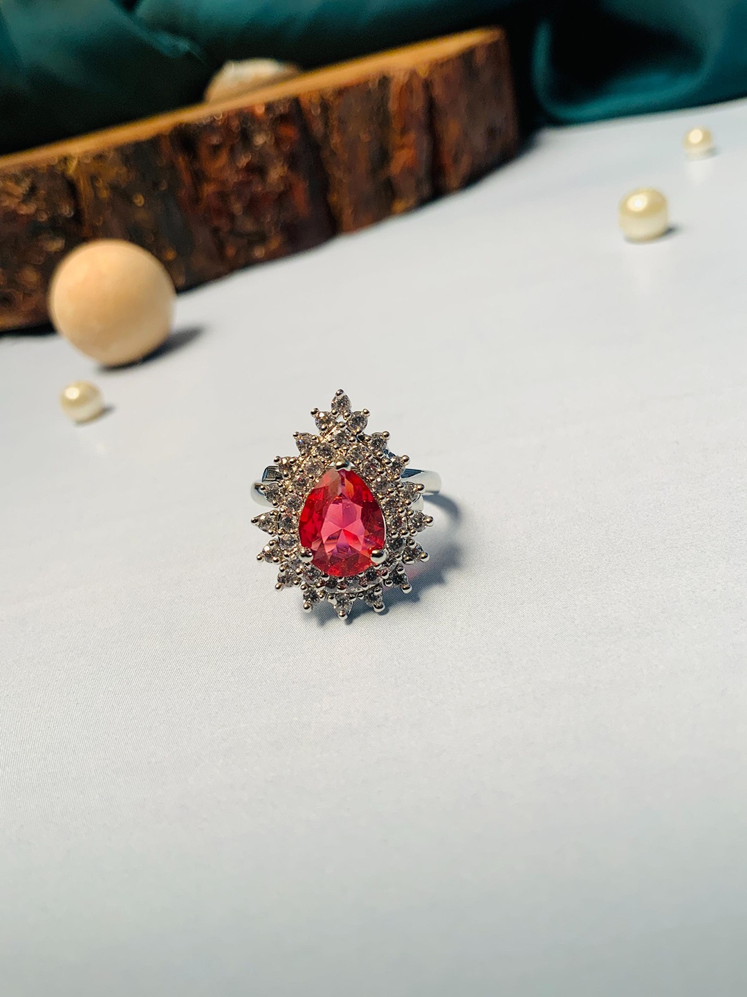 

ABDESIGNS Silver-Plated Stones Studded Drop Shaped Finger Ring