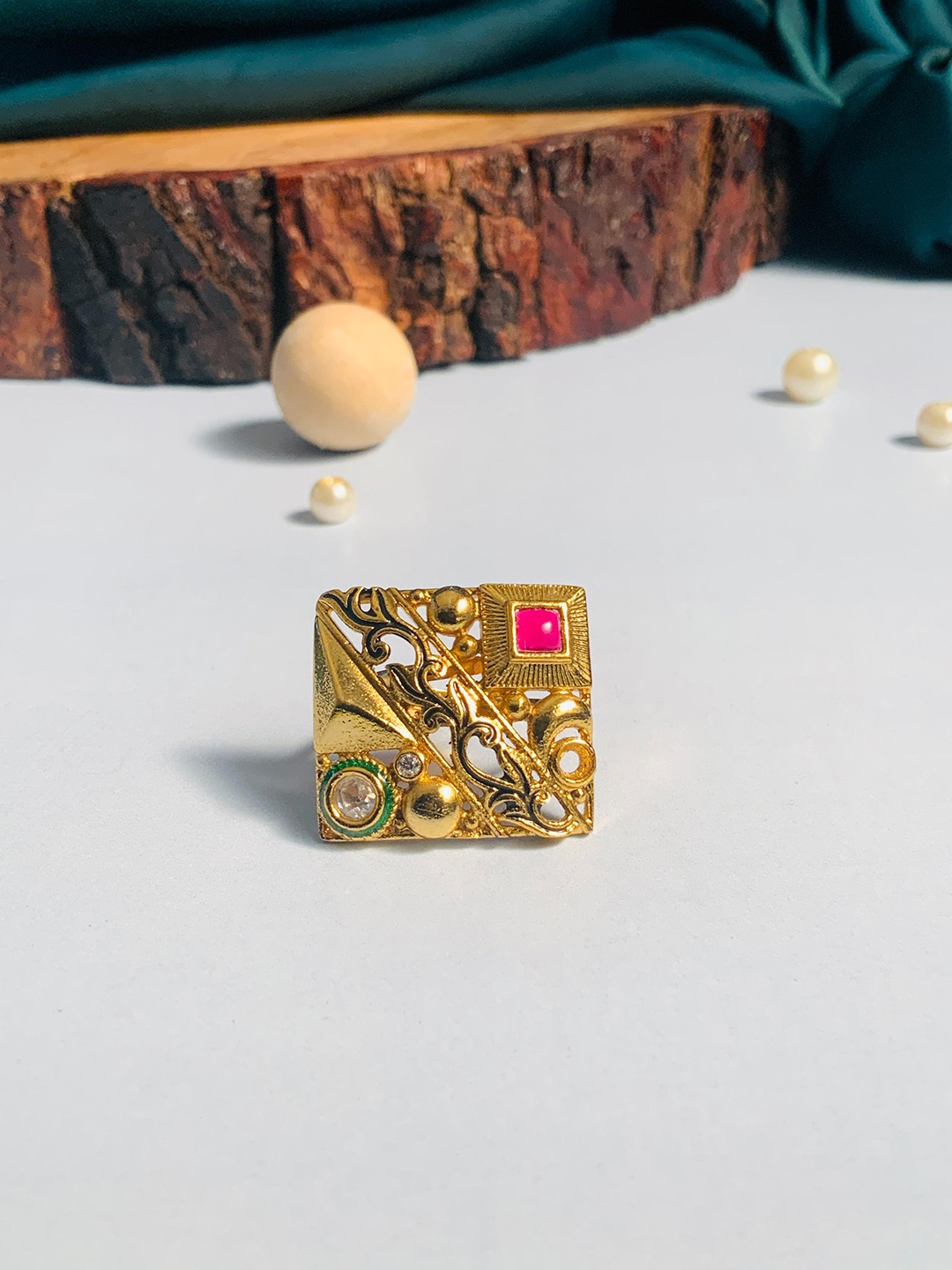 ABDESIGNS Gold-Plated Stone-Studded Adjustable Finger Ring