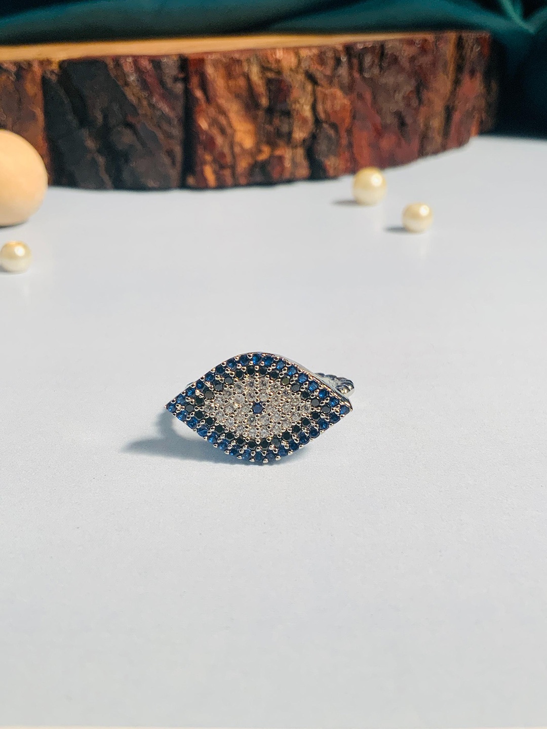 

ABDESIGNS Silver-Plated Stone-Studded Adjustable Evil Eye Finger Ring