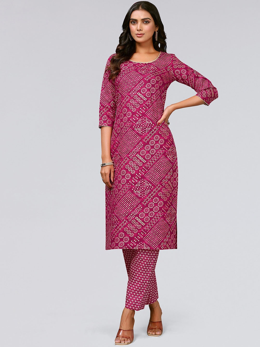 KALINI Bandhani Printed Regular Kurta with Trousers, Pink