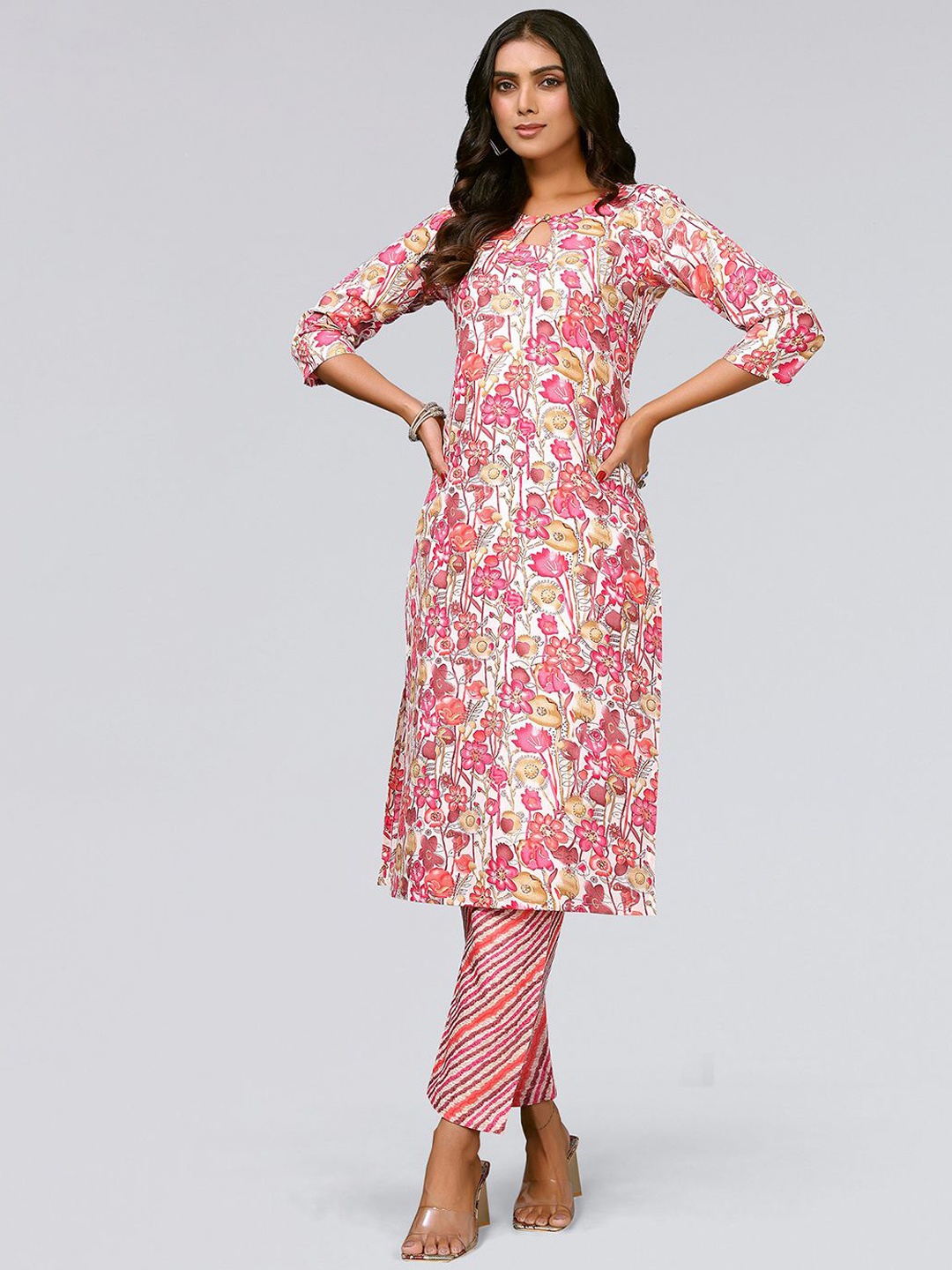 

KALINI Floral Printed Keyhole Neck Straight Kurta With Trousers, White