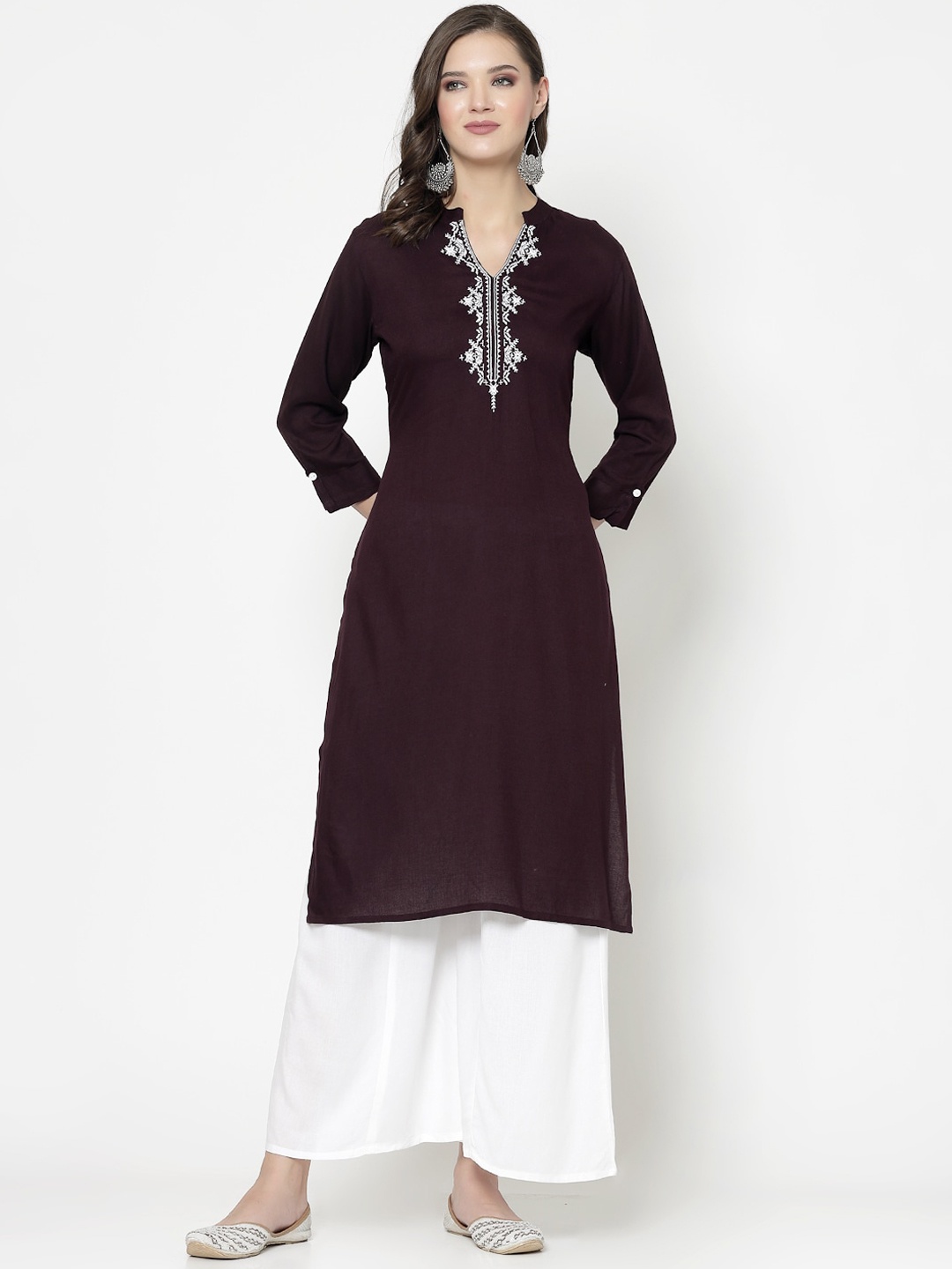 

SkyaSia Floral Embroidered Mandarin Collar Kurta with Palazzos, Burgundy