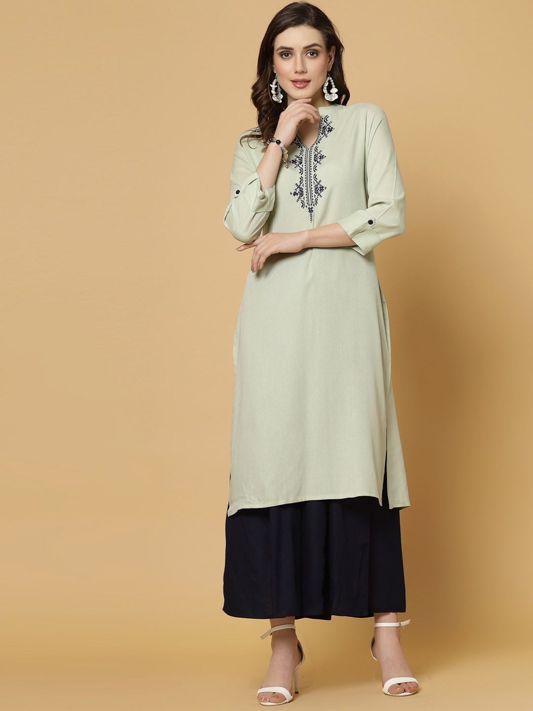 

SkyaSia Embroidered Mandarin Collar Kurta with Palazzos, Beige