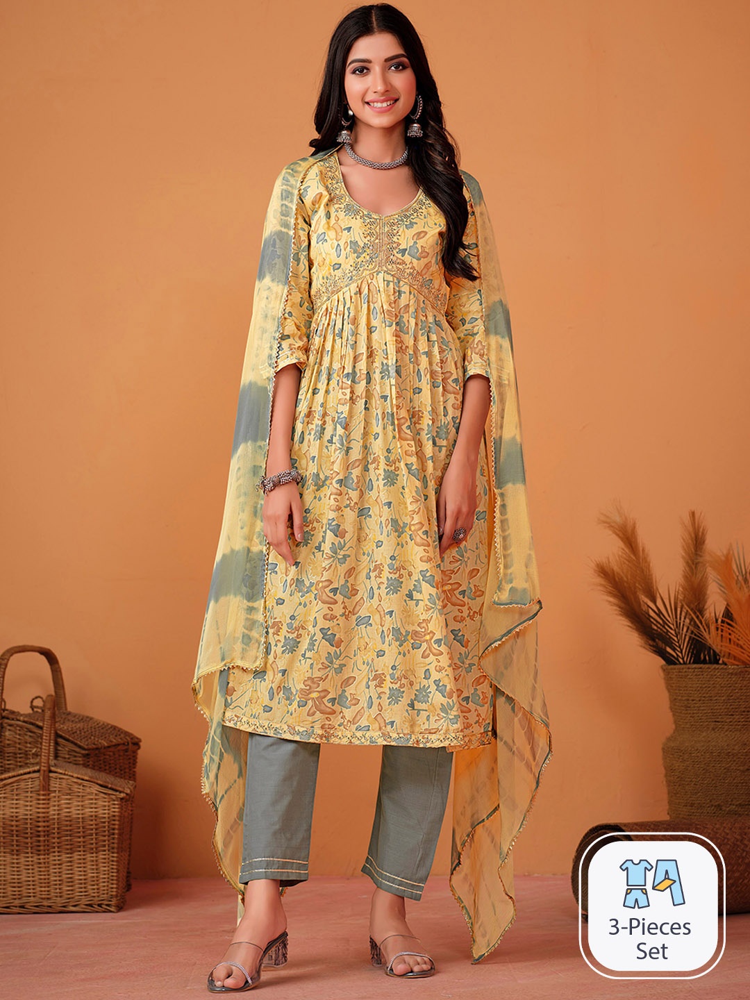 

Sangria Floral Printed Pure Cotton A-Line Kurta With Trouser & Dupatta, Yellow