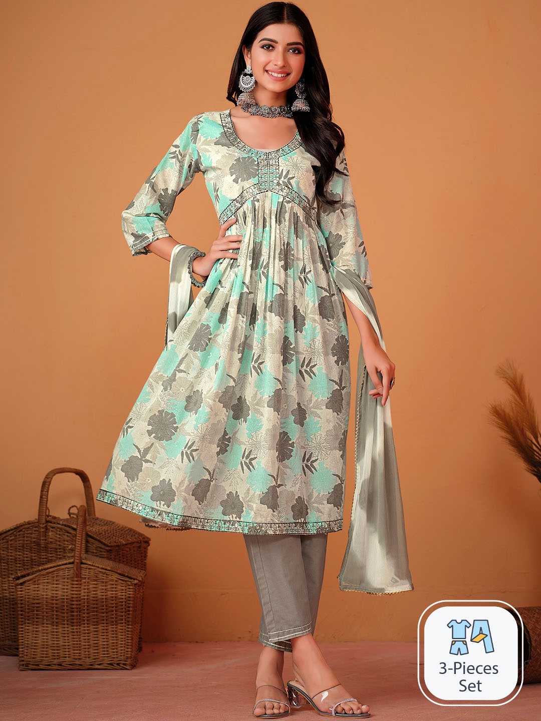 

Sangria Floral Printed A-Line Pure Cotton Kurta With Trouser & Dupatta, Off white