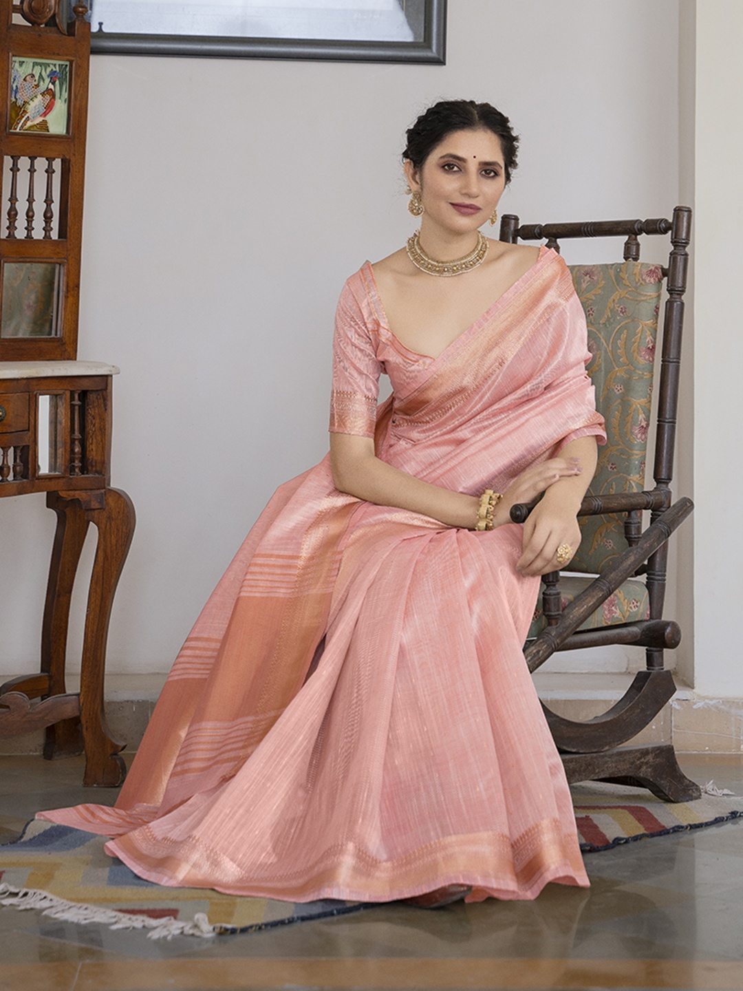 

RAJGRANTH Striped Woven Design Zari Silk Cotton Saree, Pink