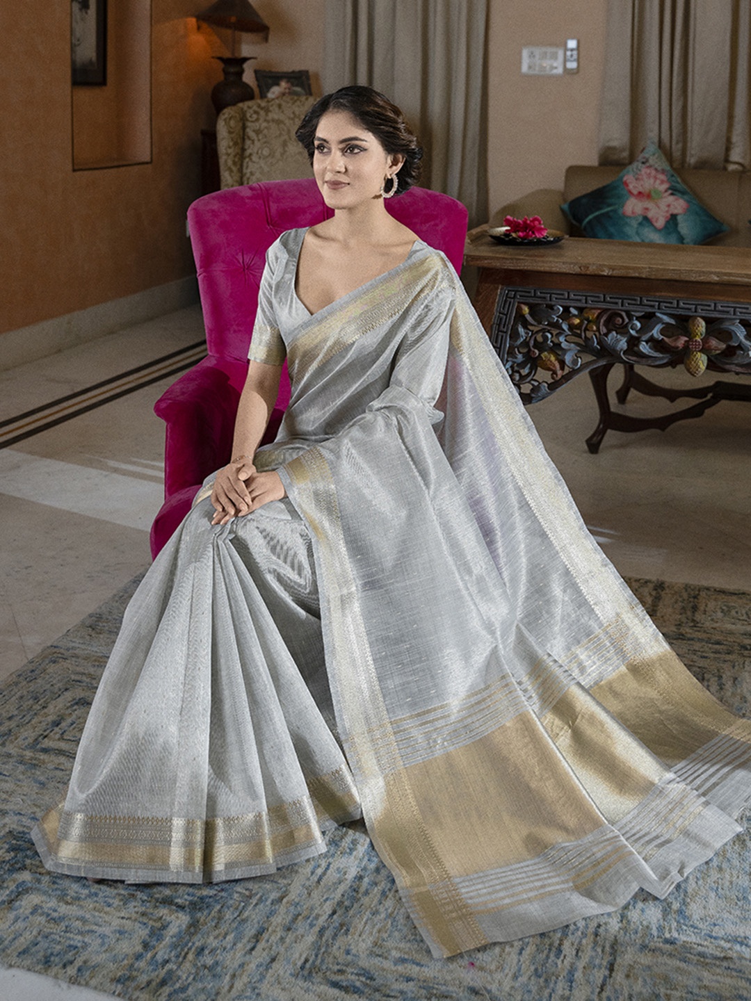 

RAJGRANTH Zari Silk Cotton Saree, Grey