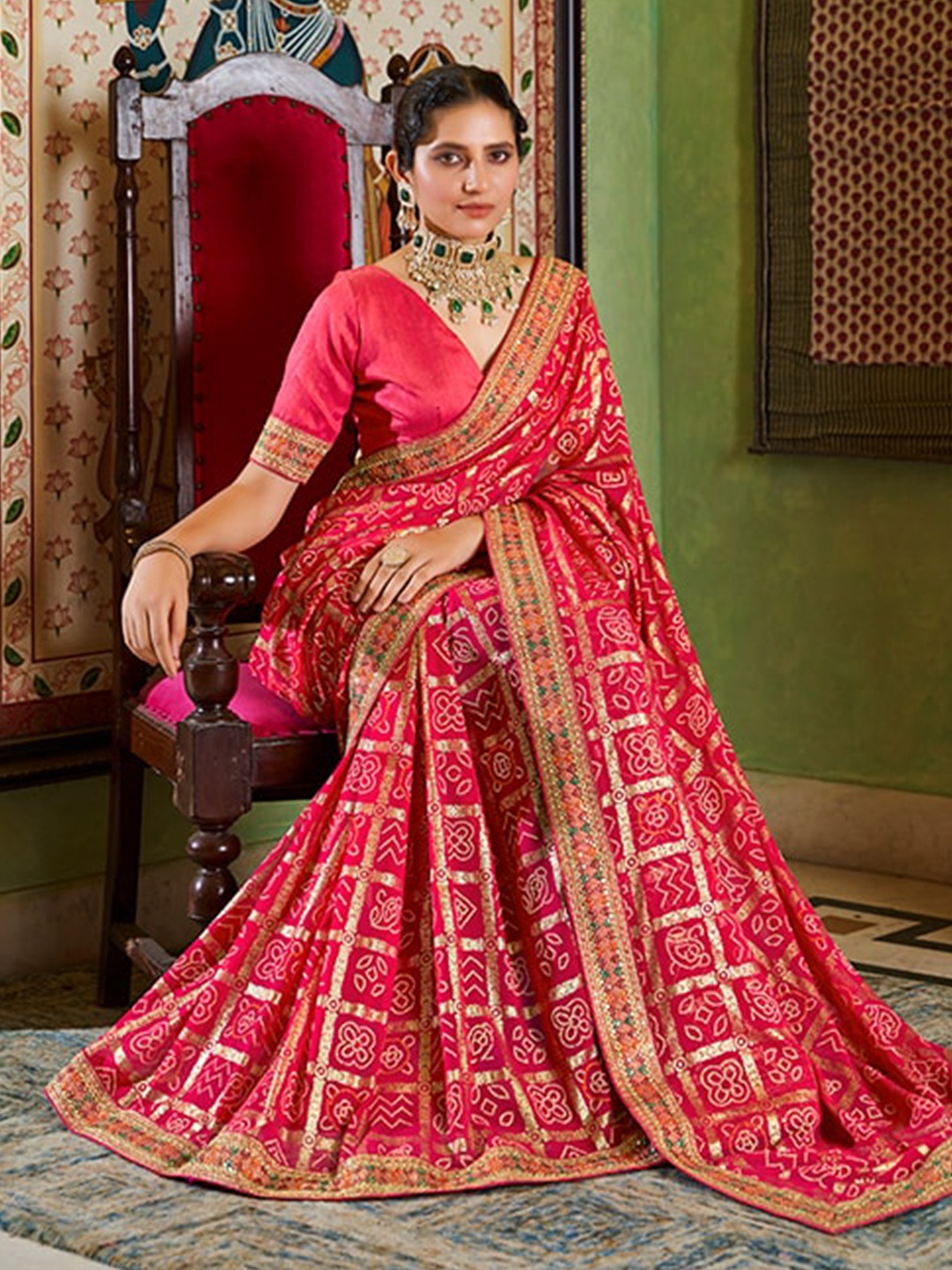 

RAJGRANTH Bandhani Printed Mirror Work Bandhani Saree, Pink