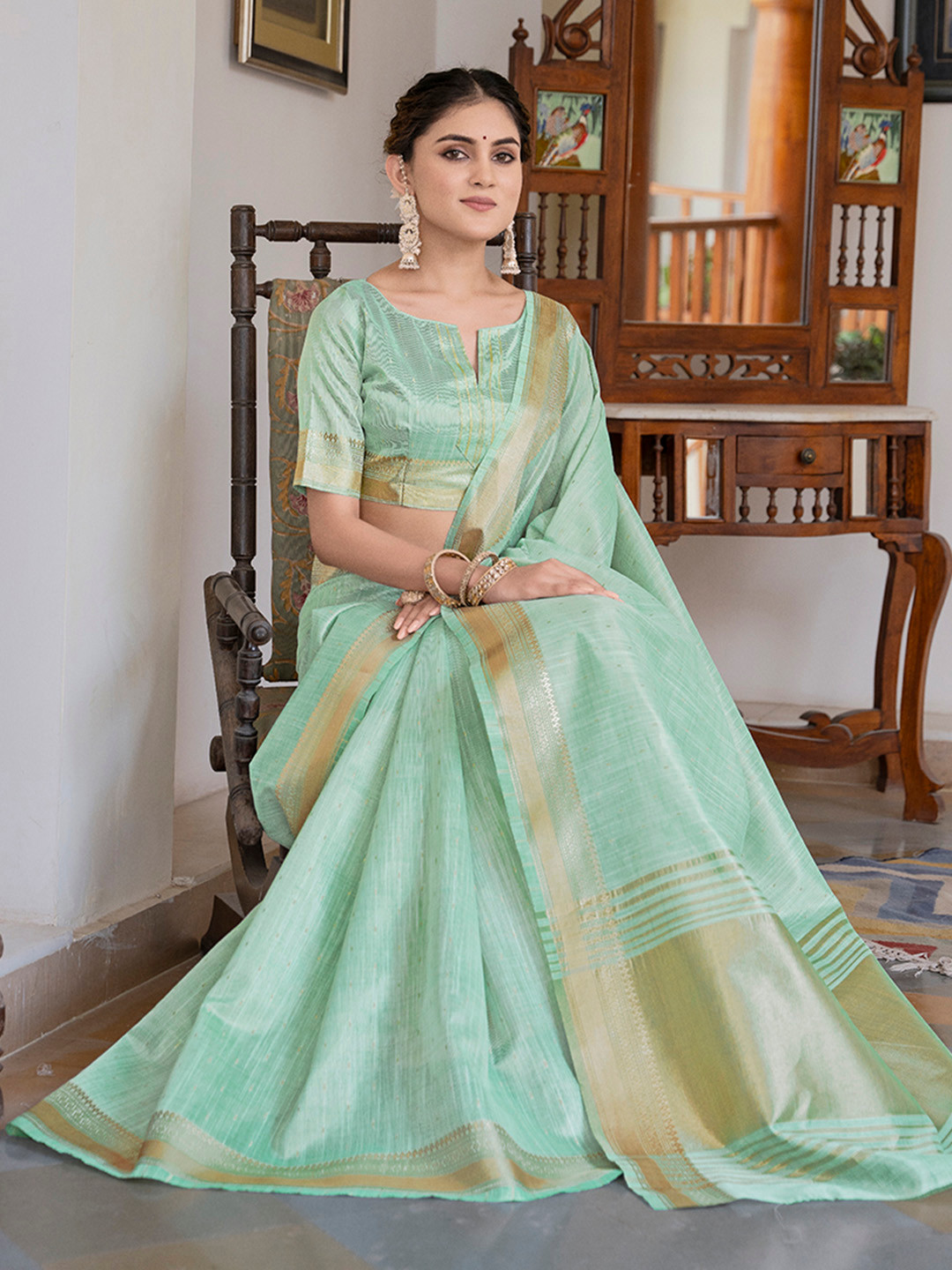 

RAJGRANTH Zari Silk Cotton Saree, Turquoise blue