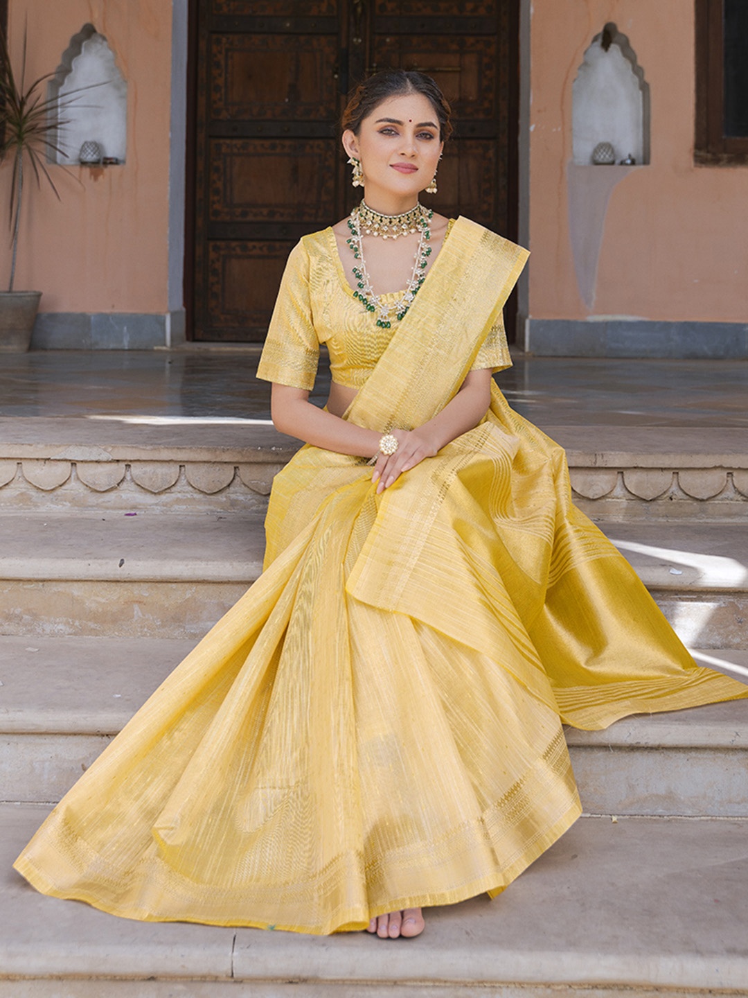 

RAJGRANTH Striped Woven Design Zari Silk Cotton Saree, Yellow