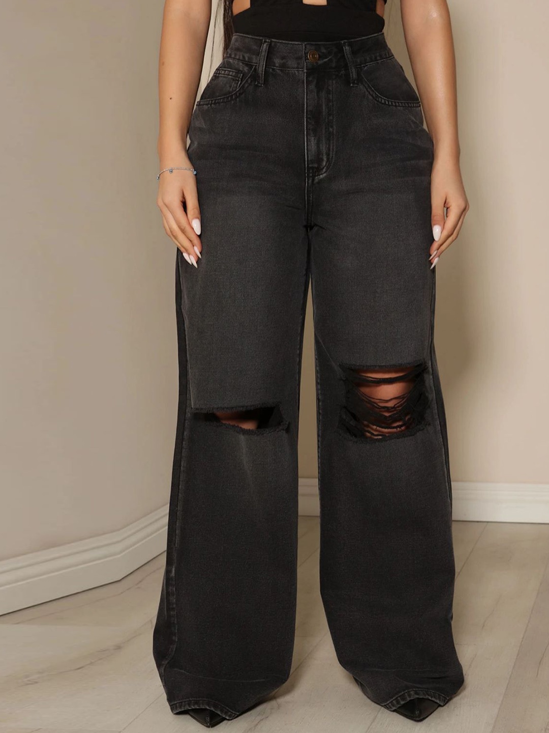 

Off Duty India Women Comfort Wide Leg High-Rise Slash Knee Cotton Jeans, Black