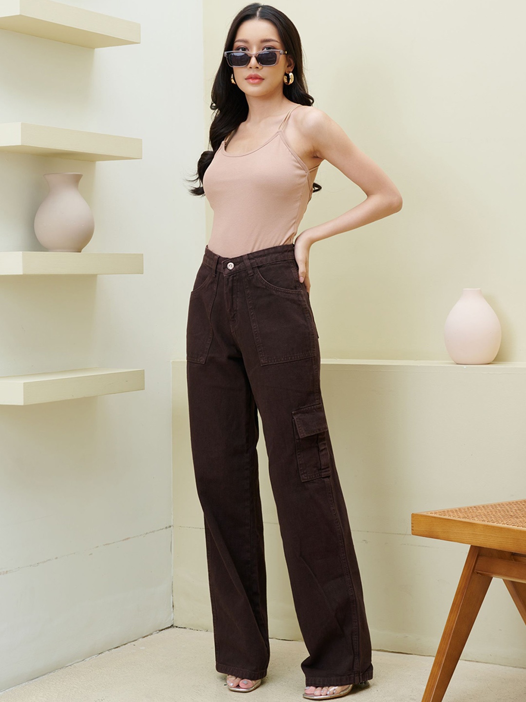 

Off Duty India Women Comfort Wide Leg High-Rise Cotton Jeans, Brown