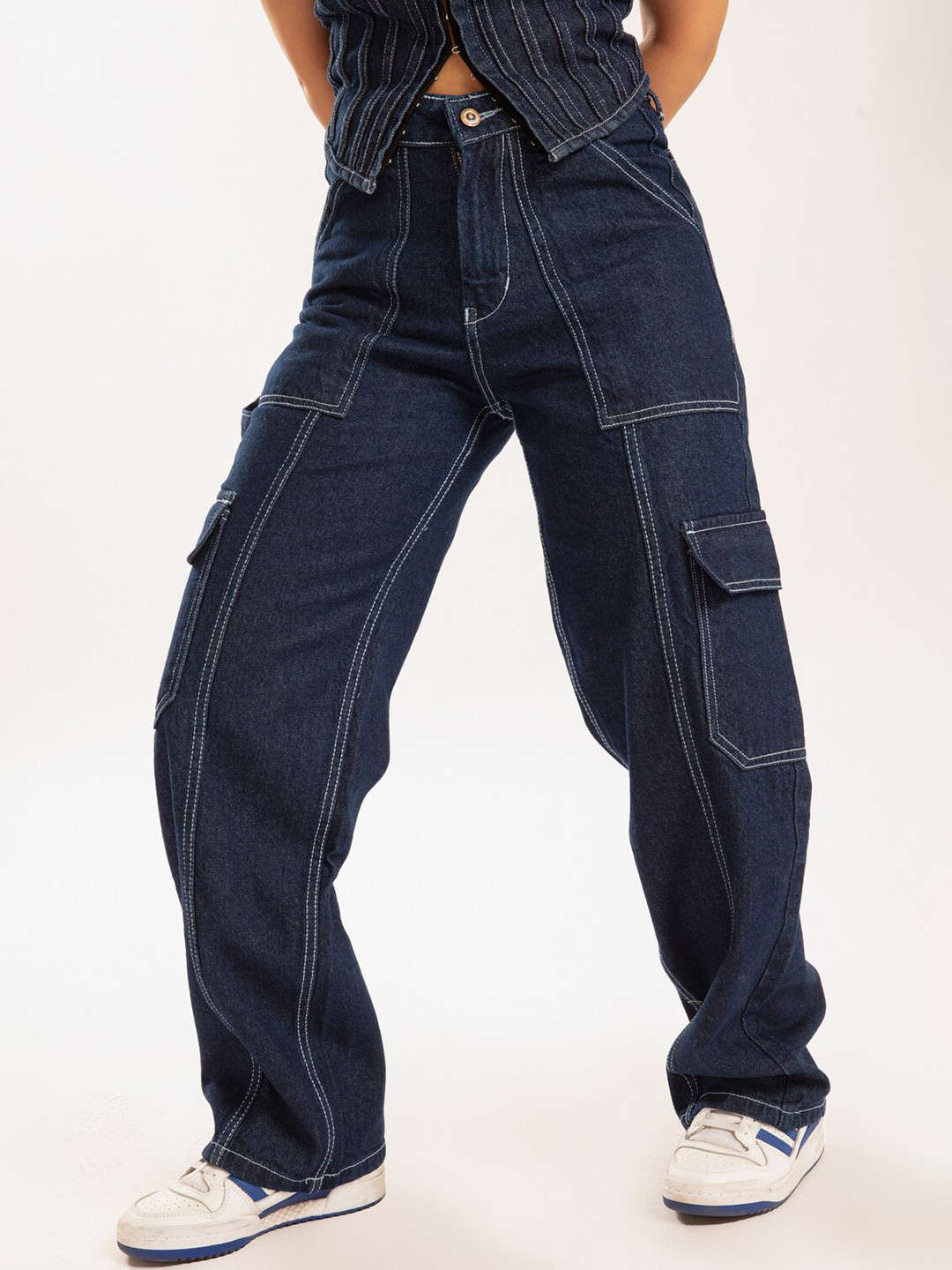 

Off Duty India Women Comfort Straight Fit High-Rise Cotton Cargo Jeans, Blue