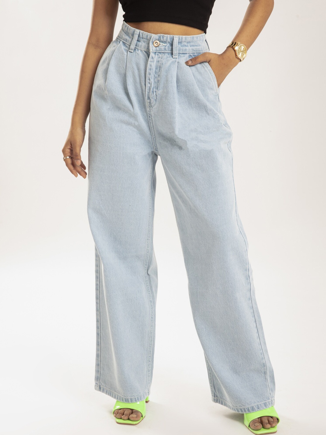 

Off Duty India Women Comfort Wide Leg High-Rise Heavy Fade Cotton Jeans, Blue