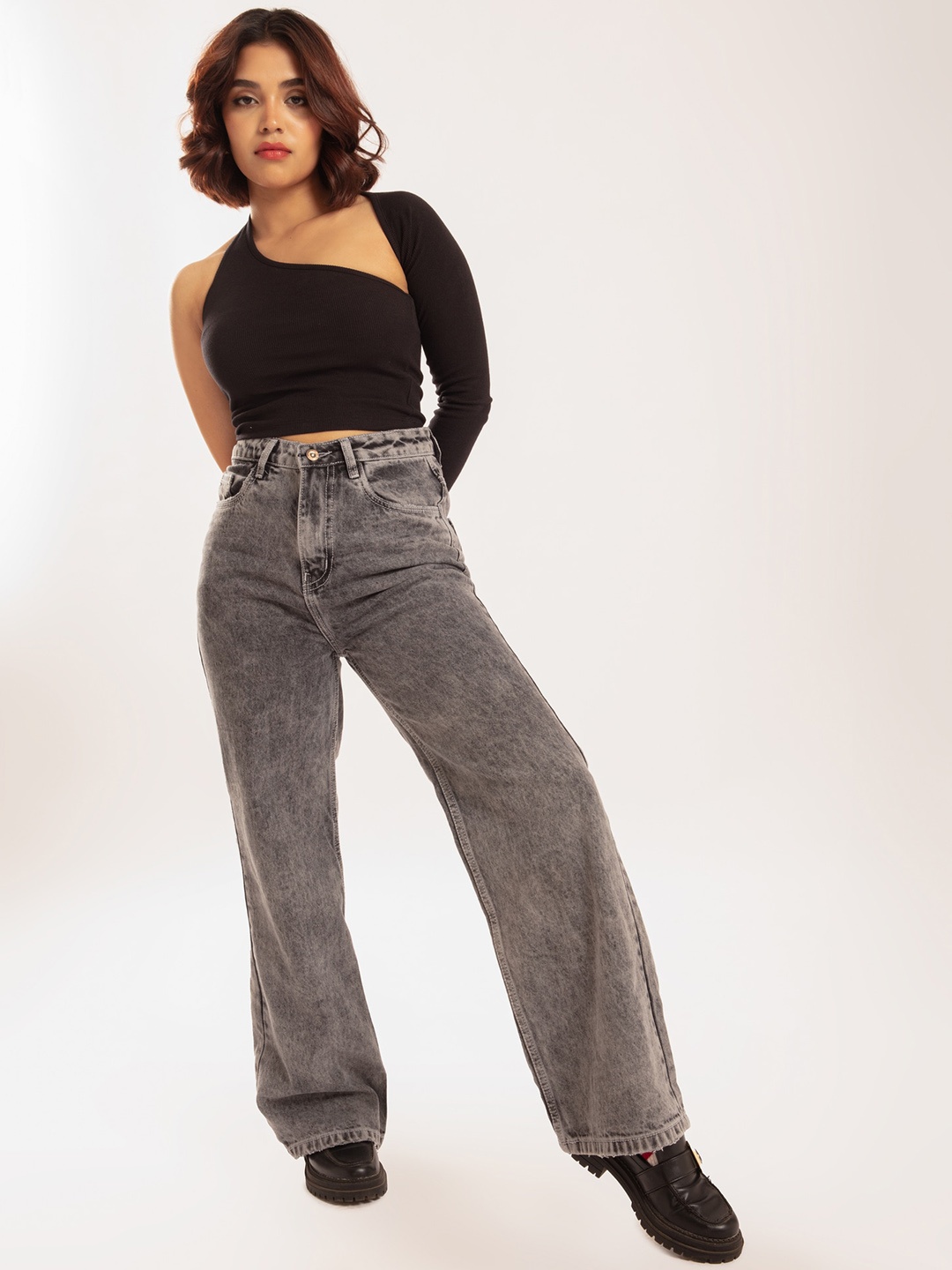 Off Duty India Women Comfort Wide Leg High-Rise Heavy Fade Cotton Jeans, Grey
