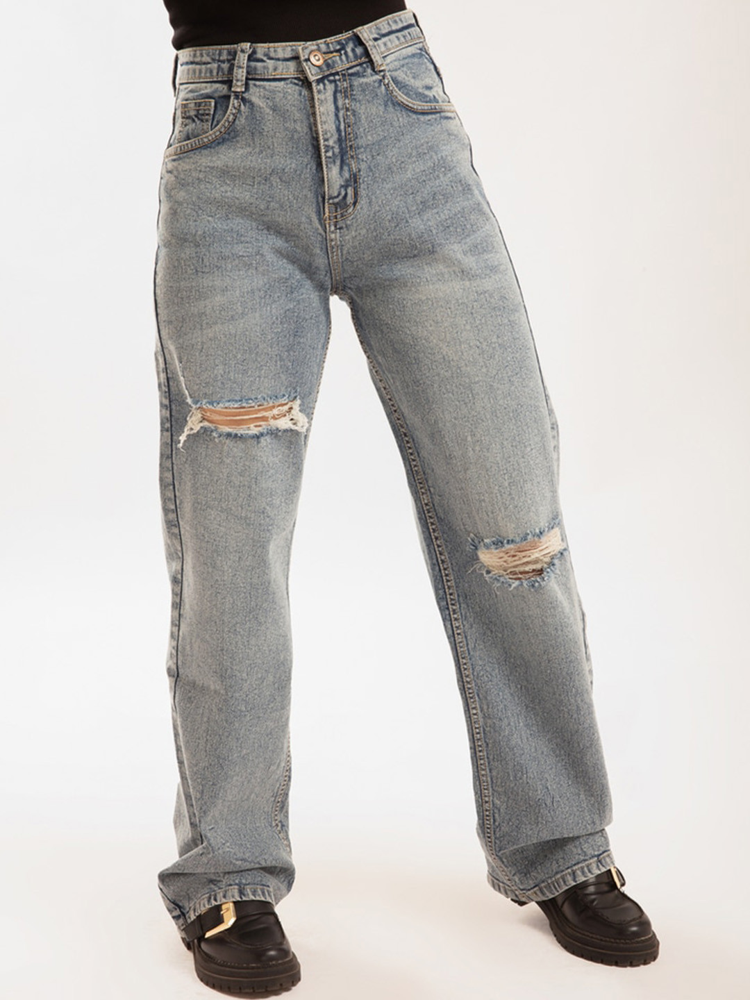 

Off Duty India Women Comfort Straight Fit High-Rise Slash Knee Stretchable Jeans, Blue