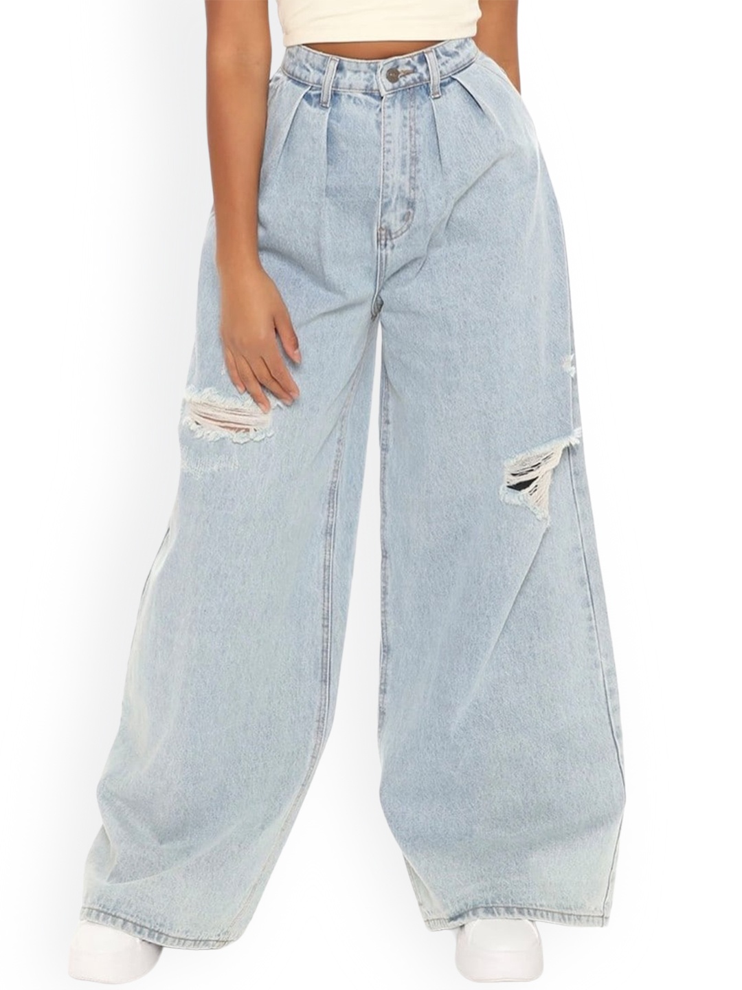 

Off Duty India Women Comfort Wide Leg High-Rise Mildly Distressed Pleated Cotton Jeans, Blue