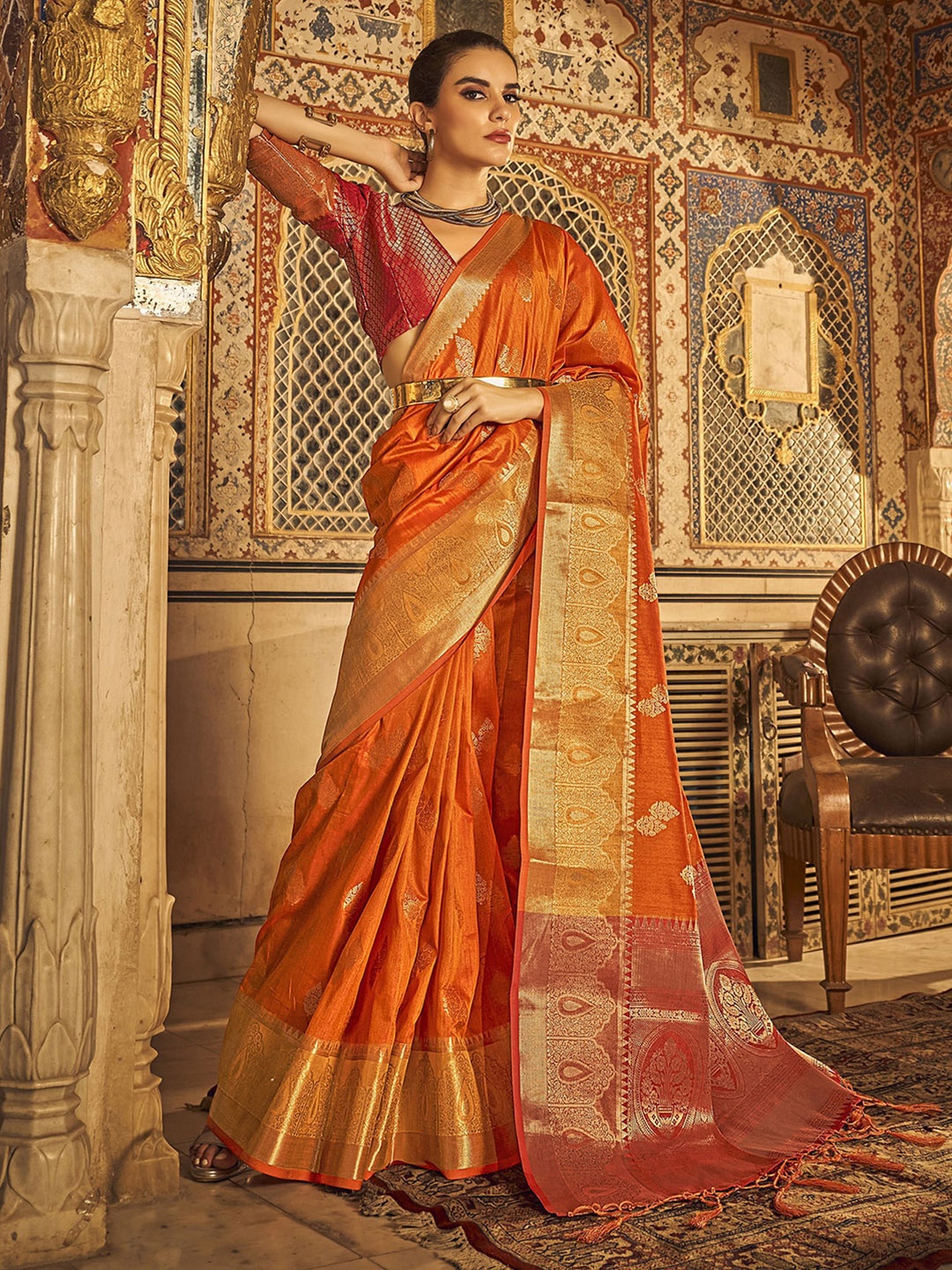 

Satrani Ethnic Motif Woven Design Jacquard Zari Saree, Orange