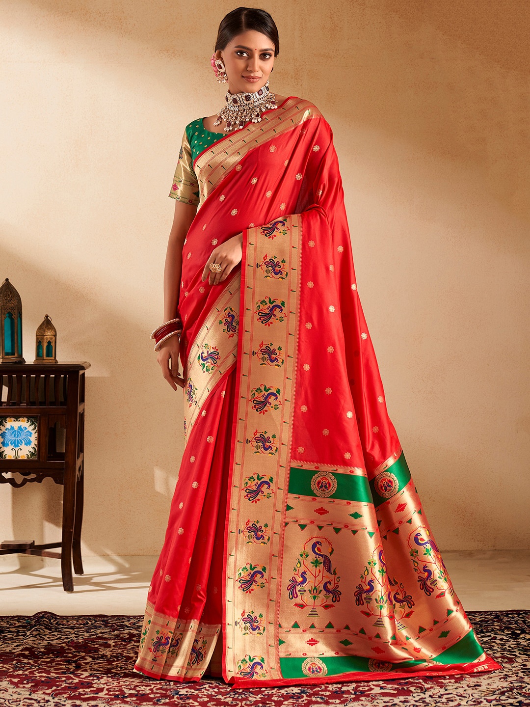 

Satrani Floral Woven Design Zari Pure Silk Paithani Saree, Red