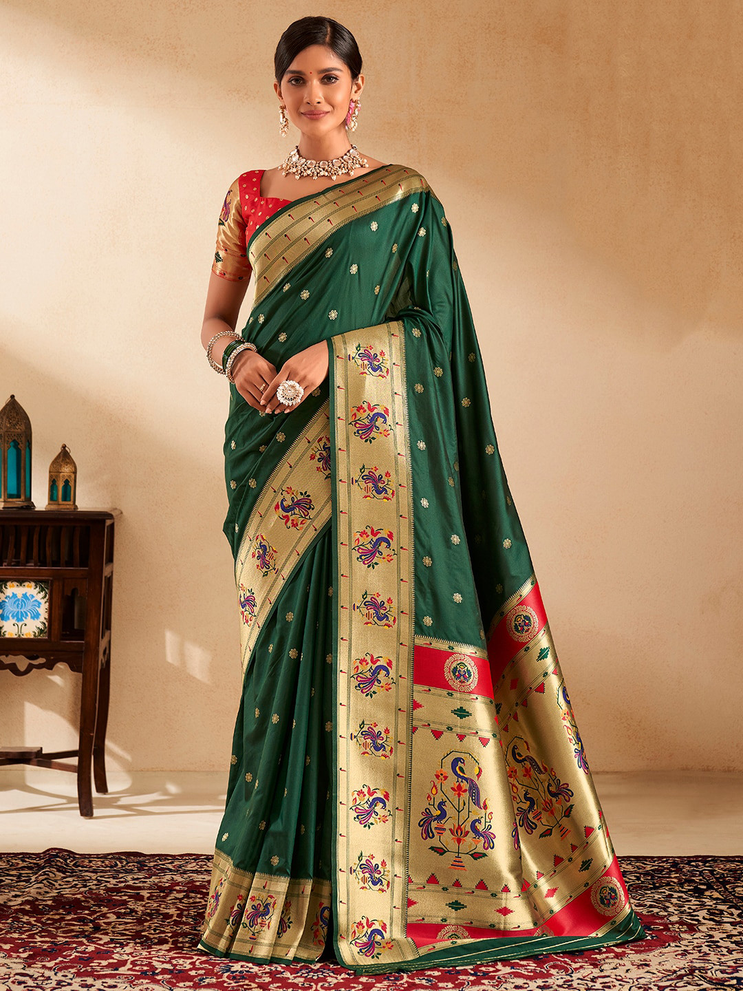 

Satrani Floral Woven Design Zari Pure Silk Paithani Saree, Green