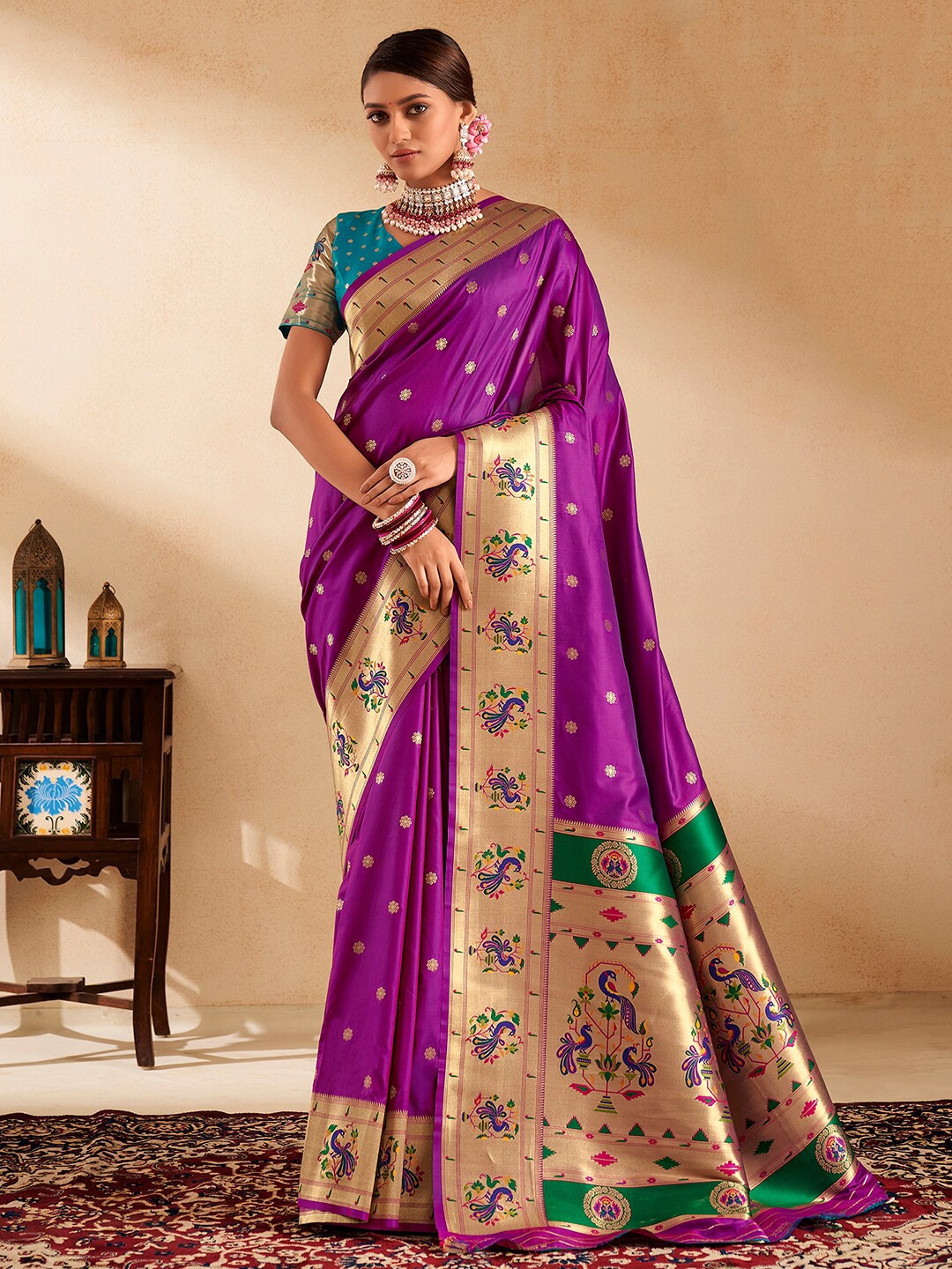 

Satrani Floral Woven Design Zari Pure Silk Paithani Saree, Purple