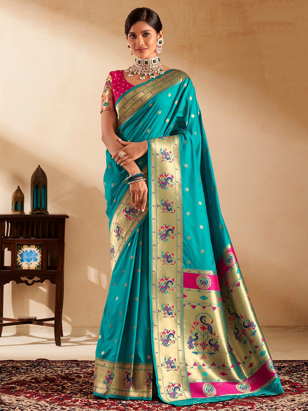 

Satrani Floral Woven Design Zari Pure Silk Paithani Saree, Turquoise blue