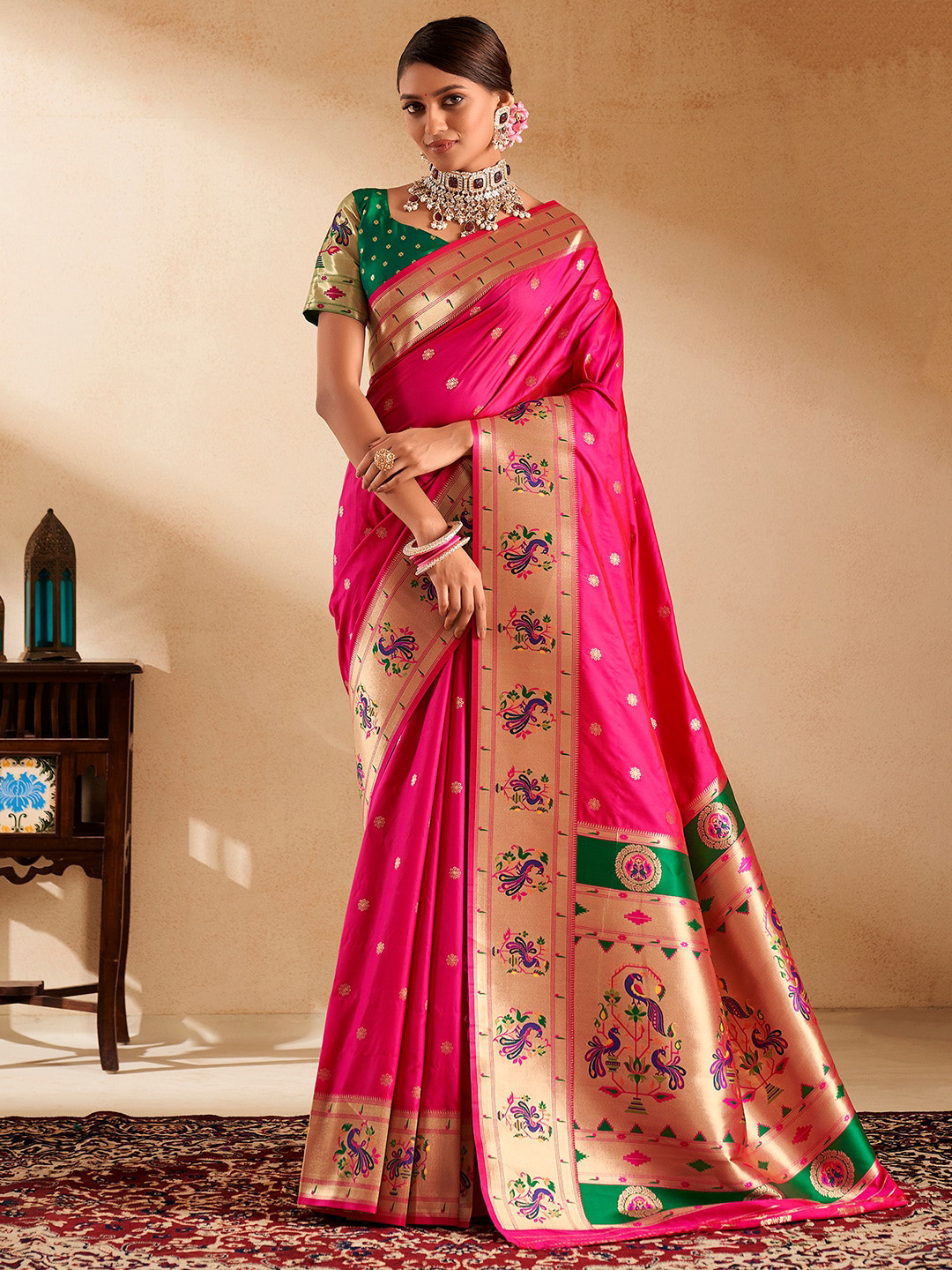 

Satrani Floral Woven Design Zari Pure Silk Paithani Saree, Pink
