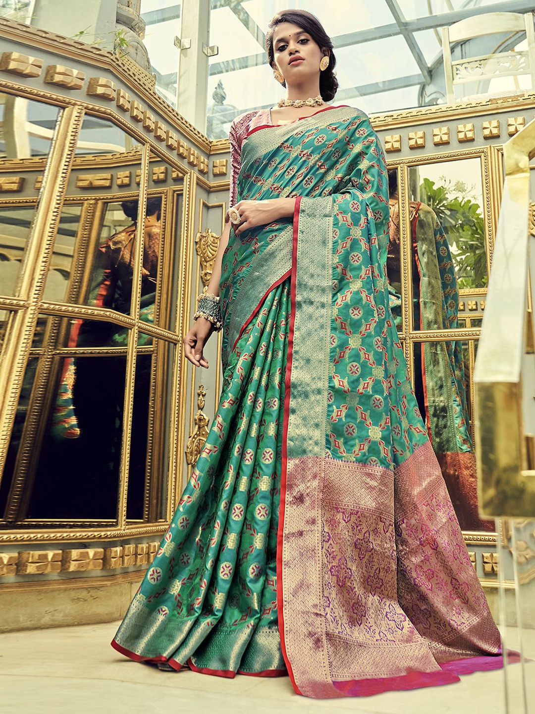 

Satrani Ethnic Motifs Woven Design Zari Jacquard Saree, Teal