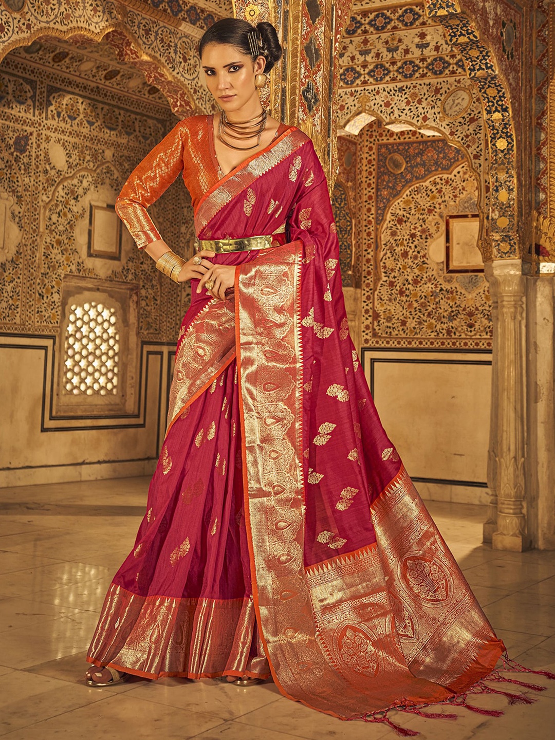 

Satrani Ethnic Motifs Woven Design Zari Jacquard Saree, Red