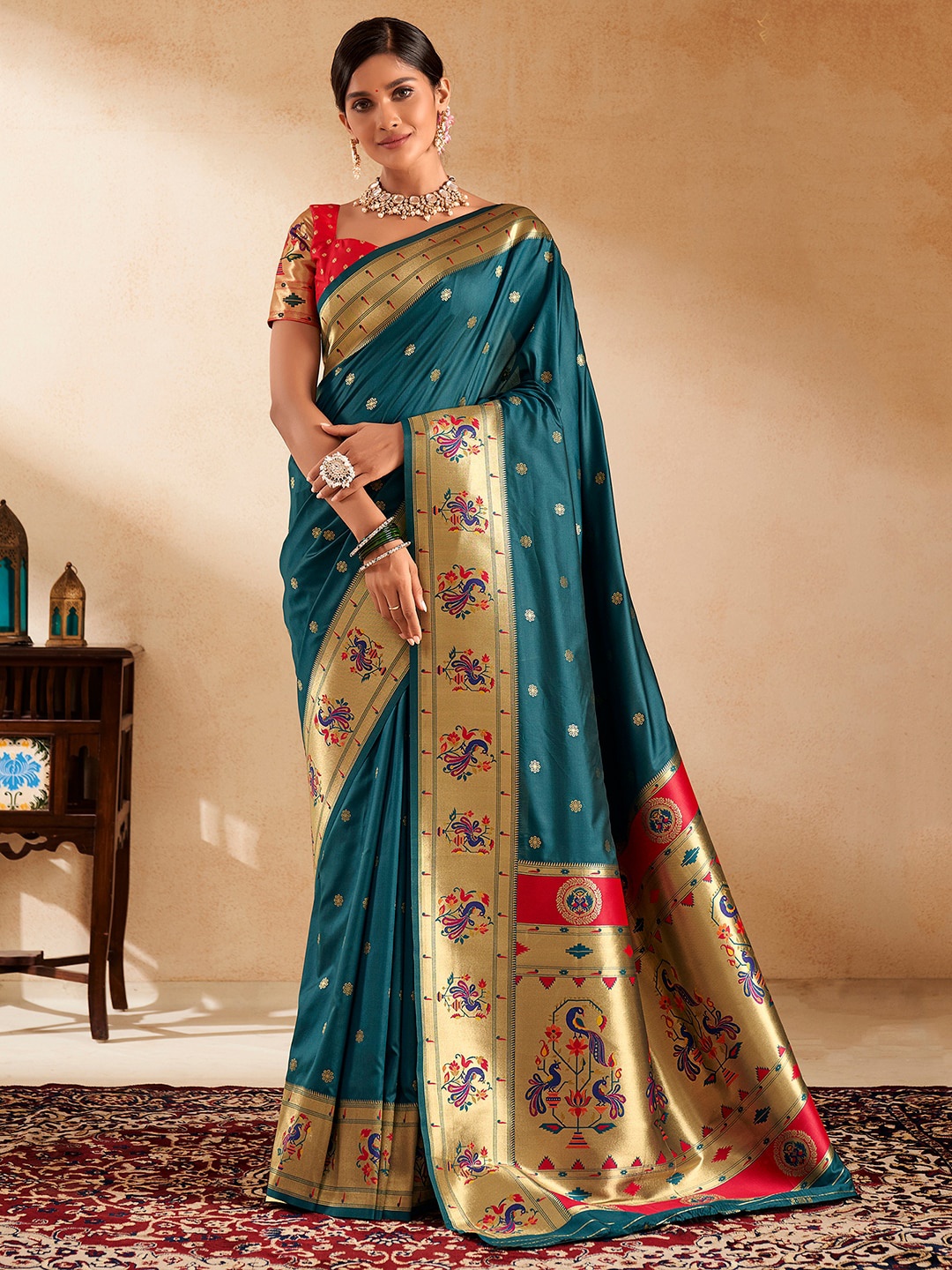 

Satrani Ethnic Motifs Woven Design Jacquard Pure Silk Zari Saree, Blue
