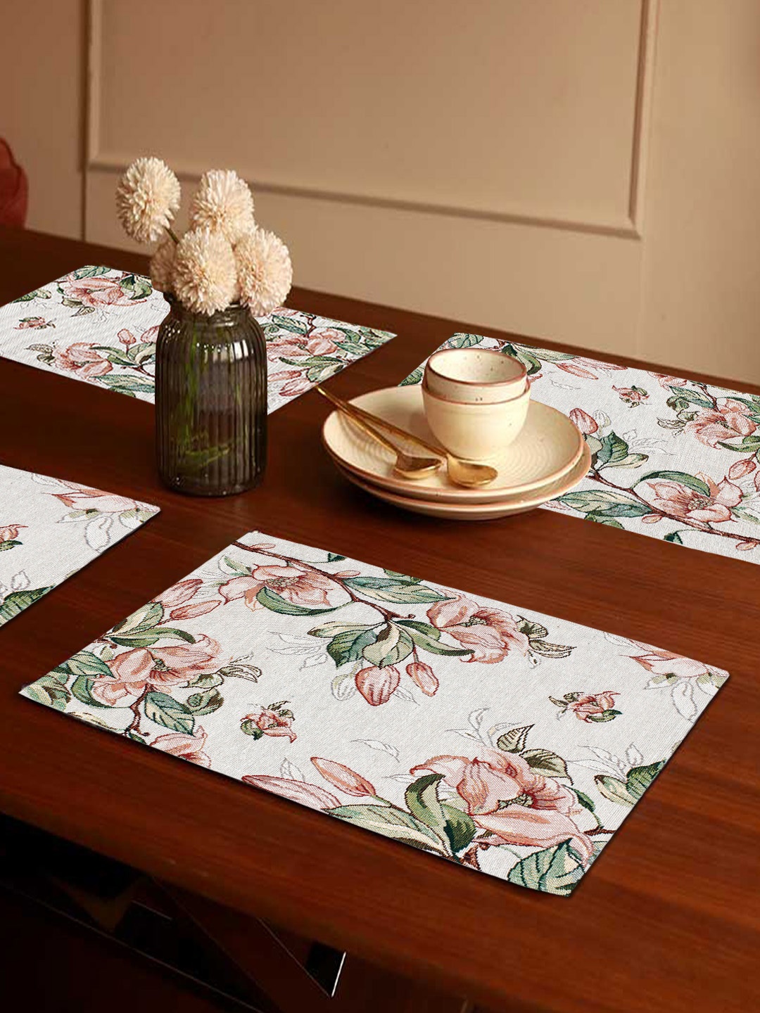 

AVI Living Off White & Green 4 Pieces Floral Printed Rectangle Table Placemats