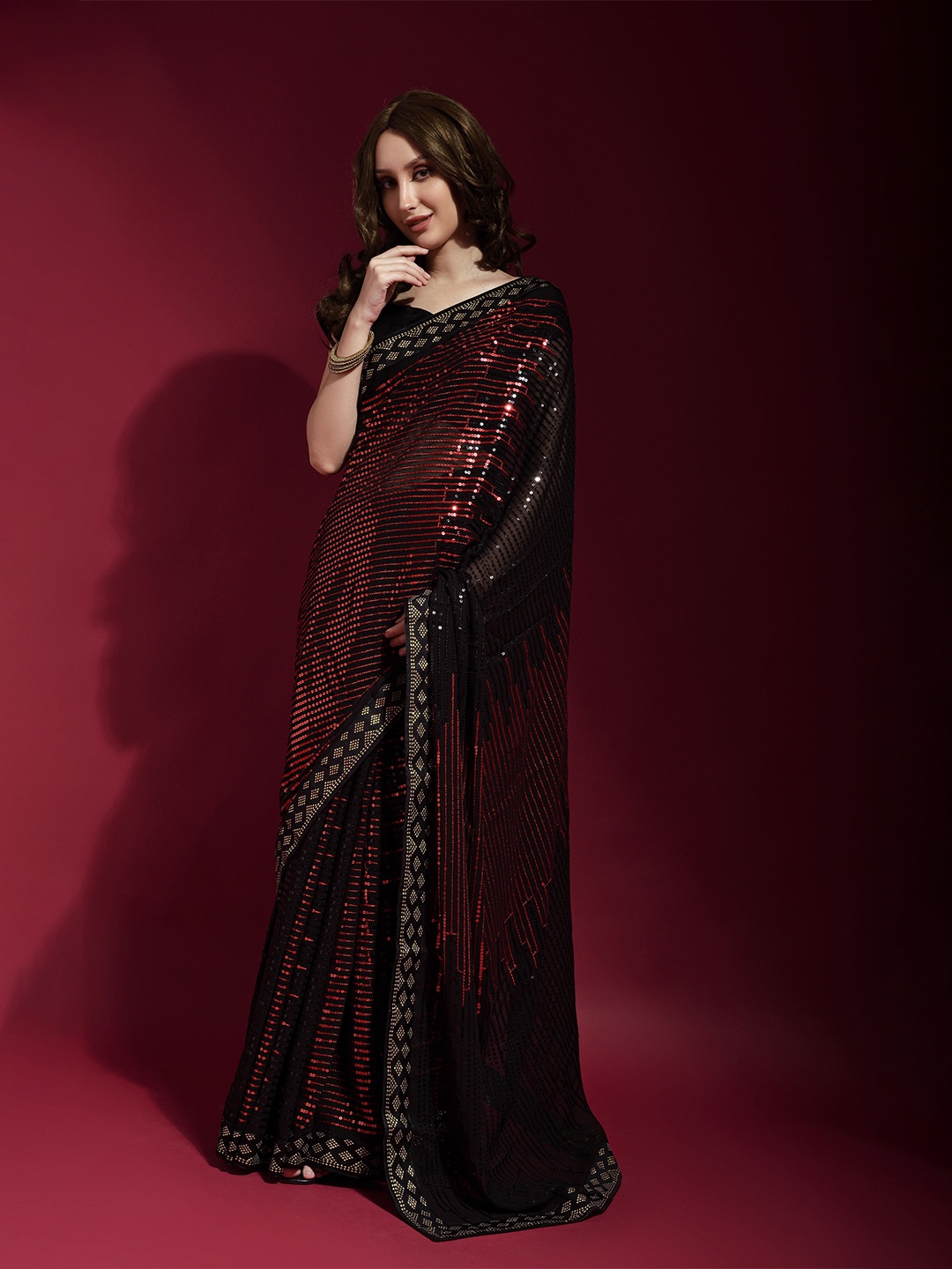 

all about you Black & Red Striped Sequinned Pure Georgette Saree