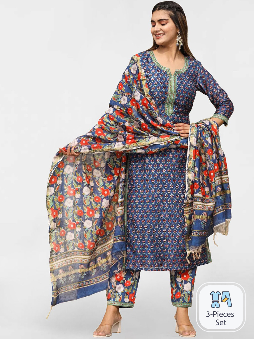

SKYLEE Floral Printed Regular Kurta with Trousers & With Dupatta, Blue