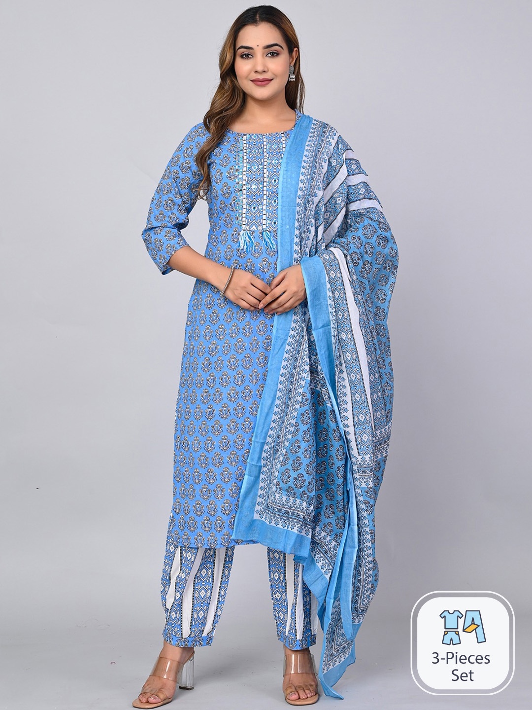

MAUKA Ethnic Motifs Printed Regular Kurta With Trousers & Dupatta, Blue