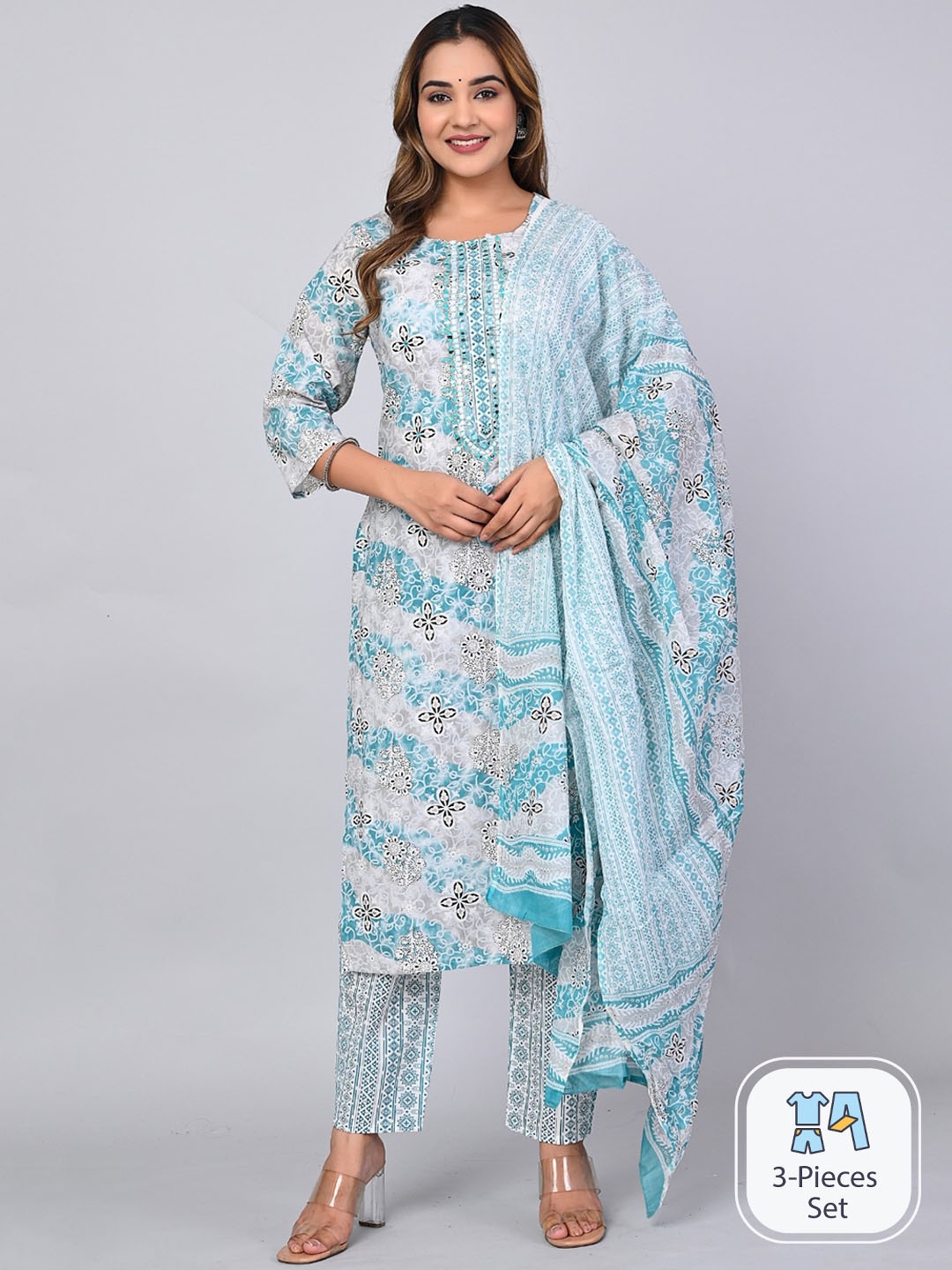 

MAUKA Floral Printed Regular Kurta With Trousers & Dupatta, Blue