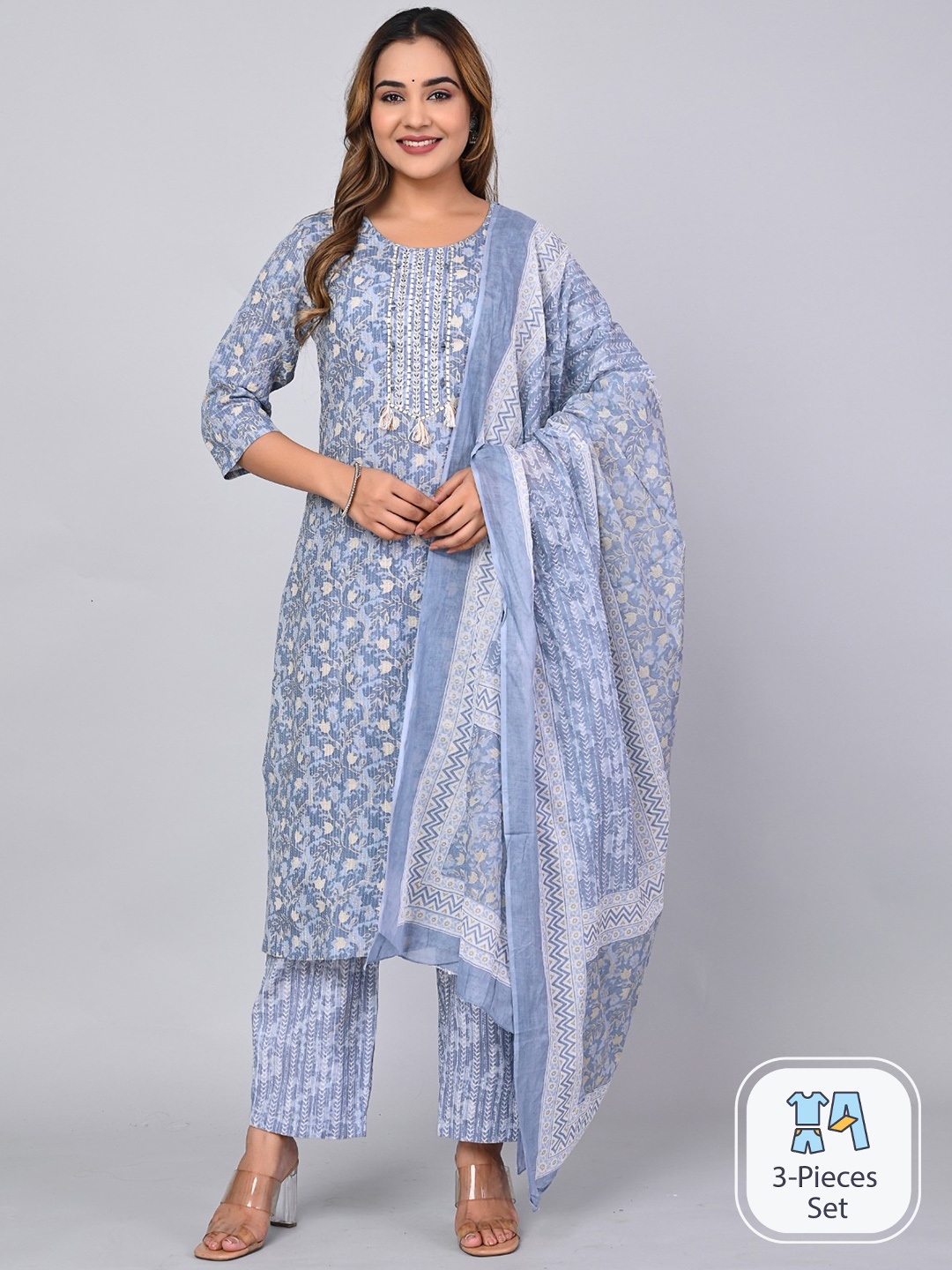 

MAUKA Floral Printed Regular Kurta With Trousers & Dupatta, Blue