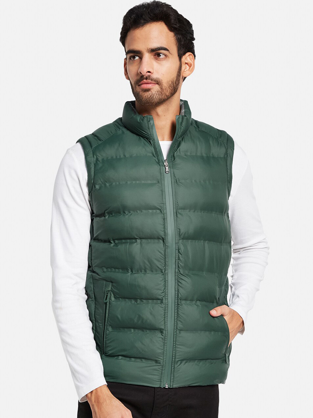 

METTLE Mock Collar Sleeveless Puffer Jacket, Green