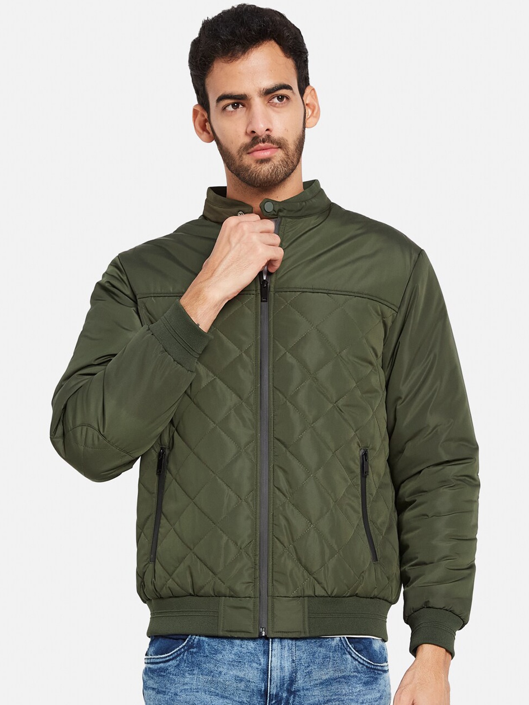 

METTLE Band Collar Self Design Bomber Jacket, Olive