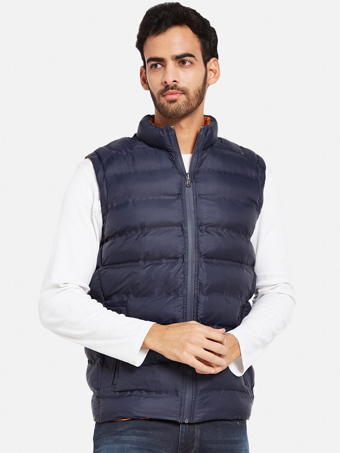 

METTLE Mock Collar Sleeveless Reversible Puffed Jacket, Navy blue