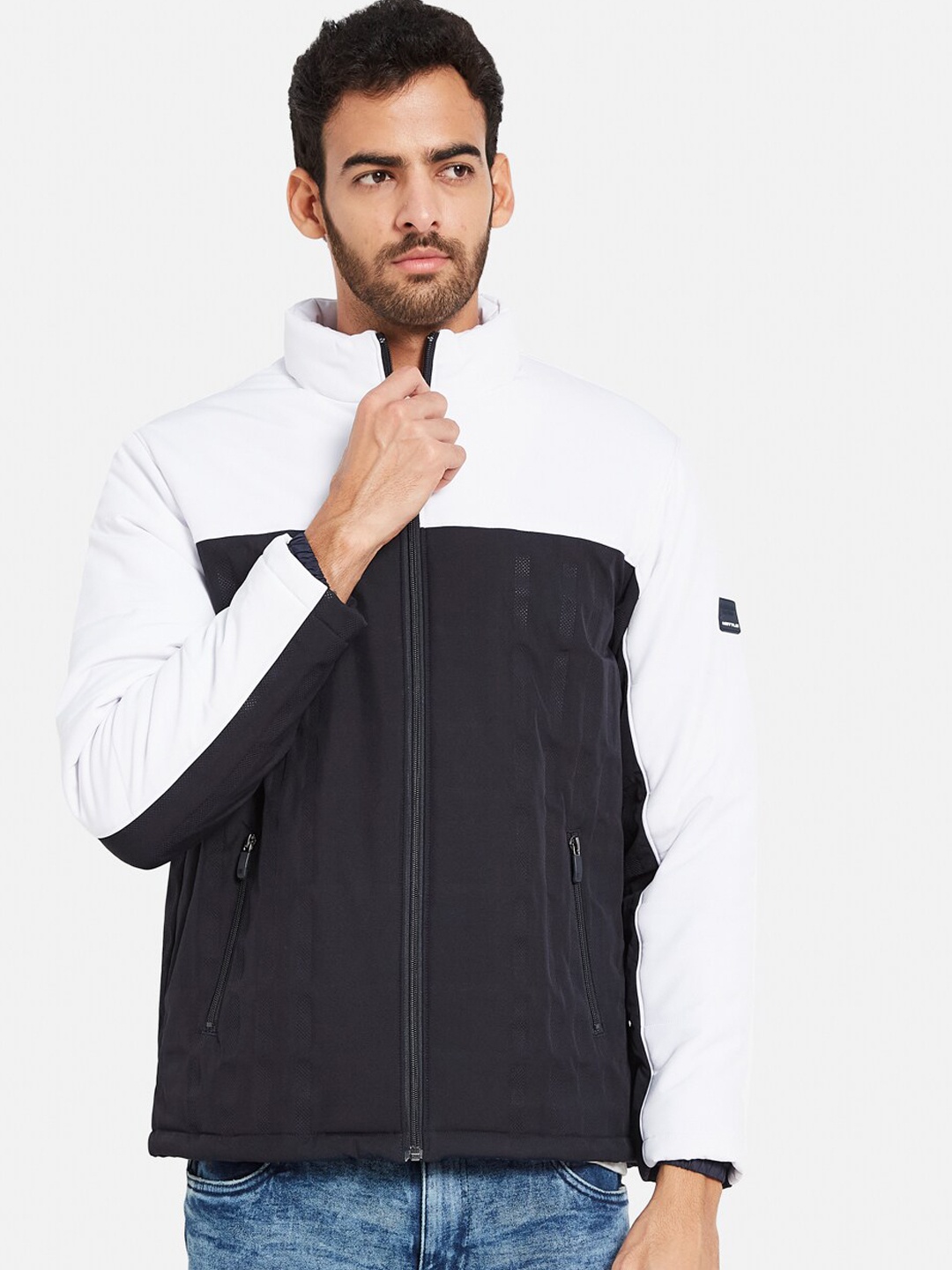 

METTLE Colourblocked Mock Collar Zip Detail Tailored Jacket, Navy blue