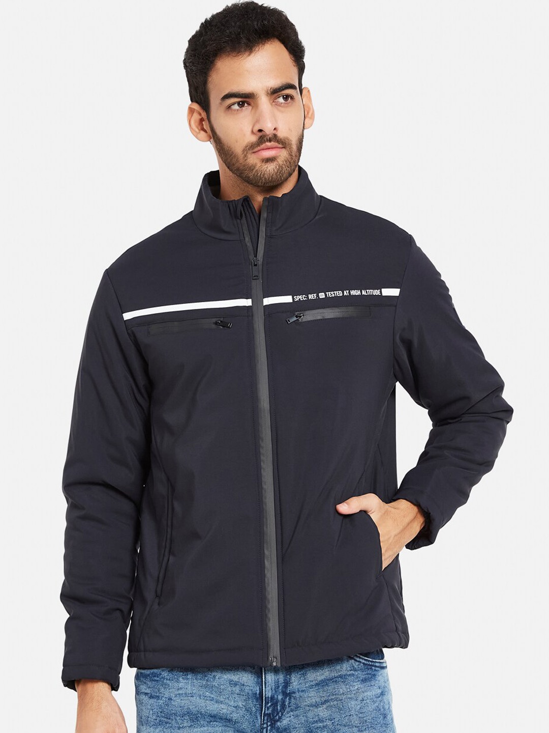 

METTLE Mock Collar Zip Detail Tailored Jacket, Navy blue