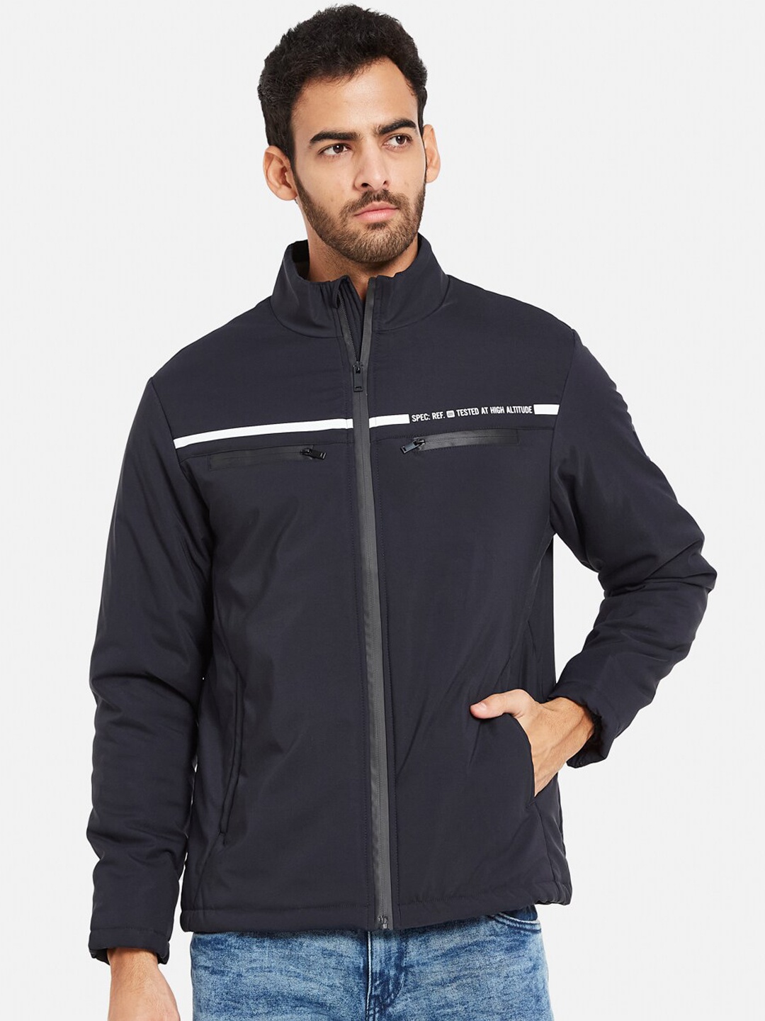 

METTLE Mock Collar Zip Detail Tailored Jacket, Navy blue