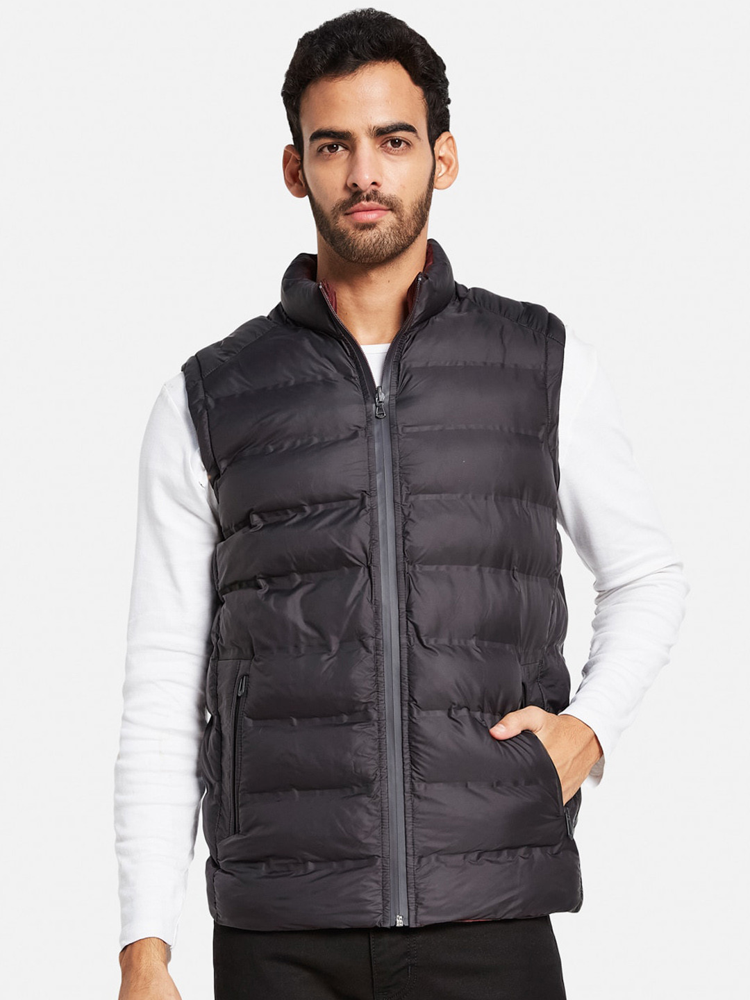 

METTLE Mock Collar Sleeveless Puffer Jacket, Black