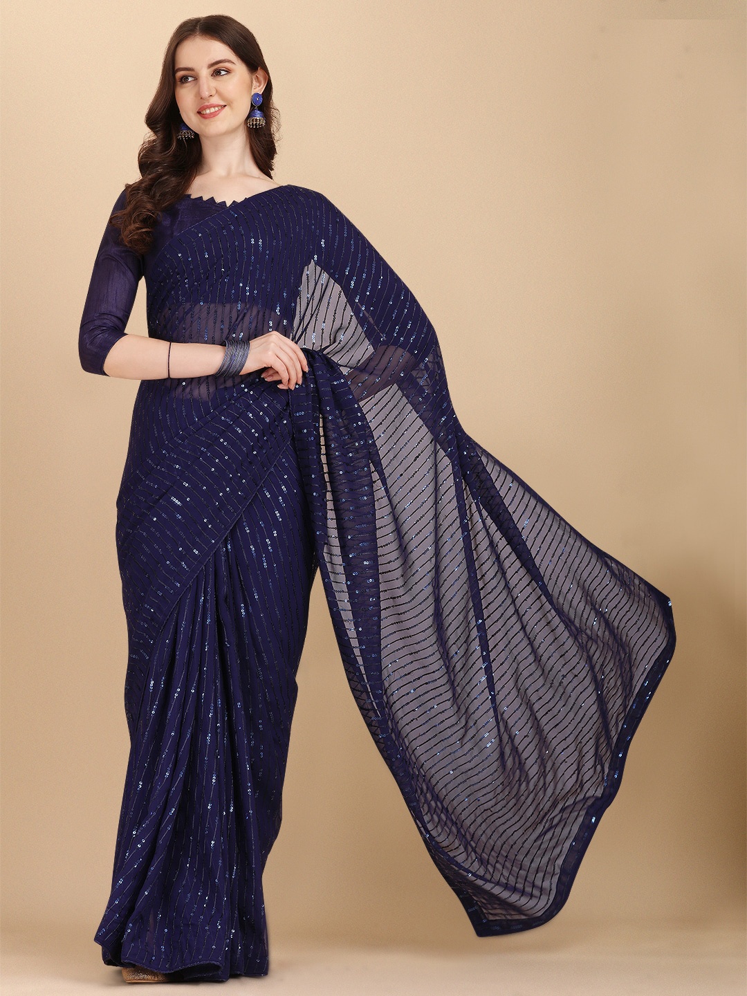 

KALINI Embellished Sequinned Pure Georgette Saree, Navy blue