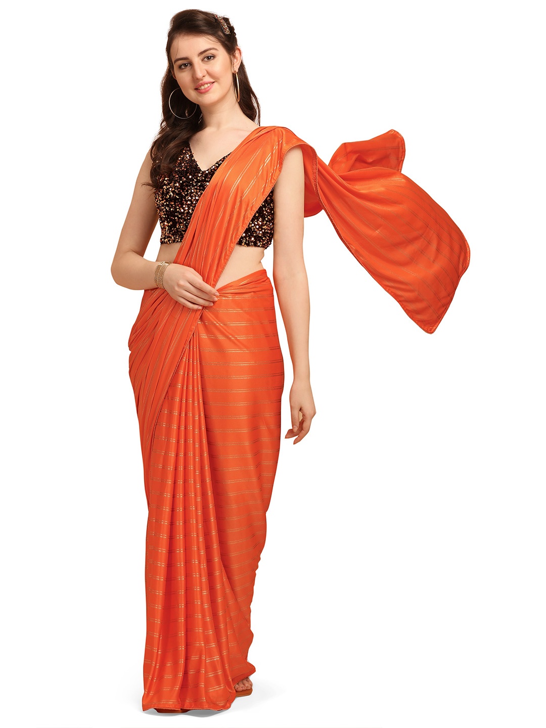 

KALINI Striped Saree, Orange