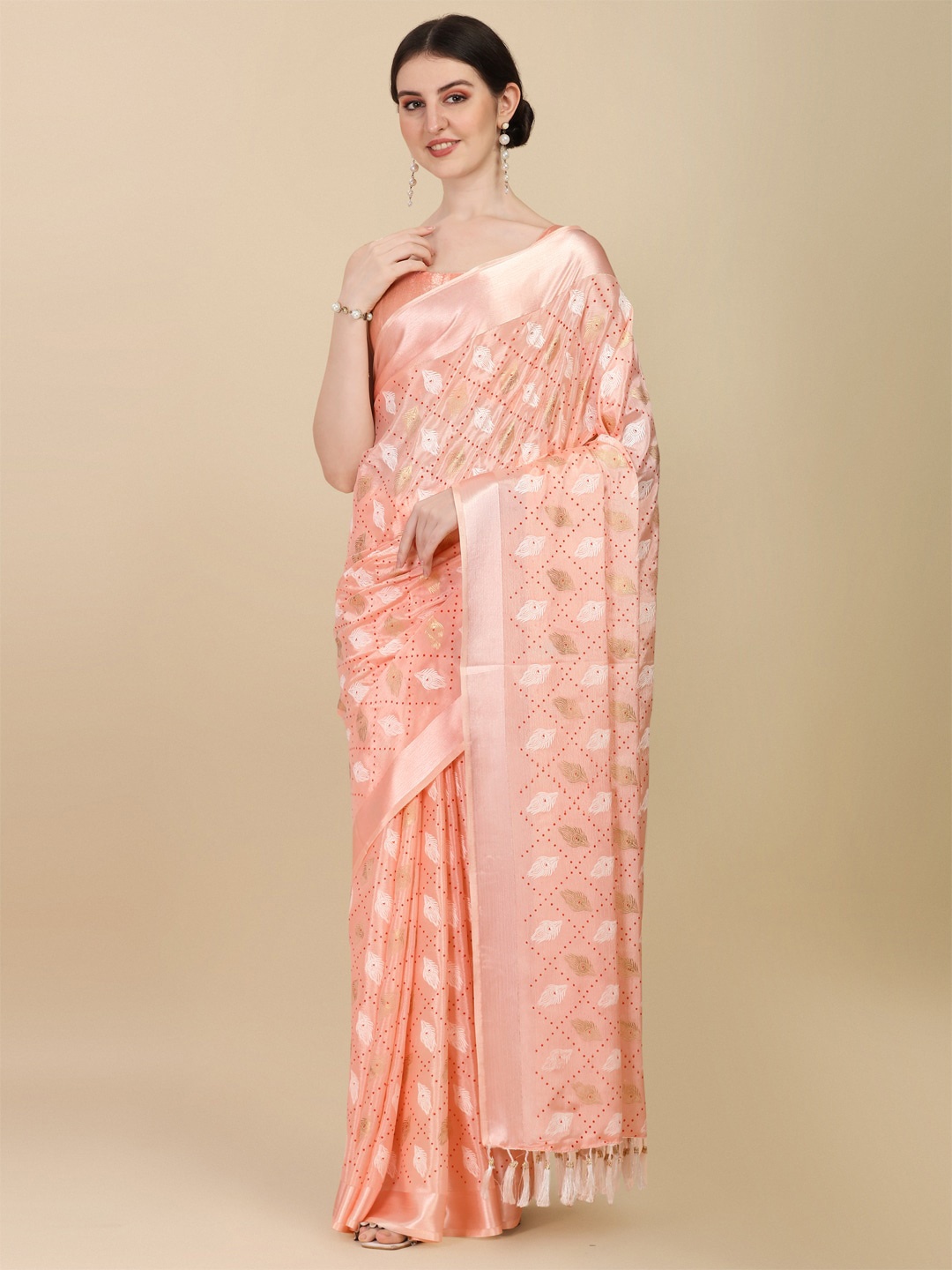 

KALINI Woven Design Zari Satin Saree, Peach