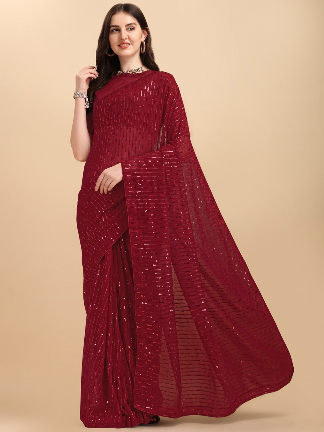 

KALINI Embellished Sequinned Pure Georgette Saree, Maroon