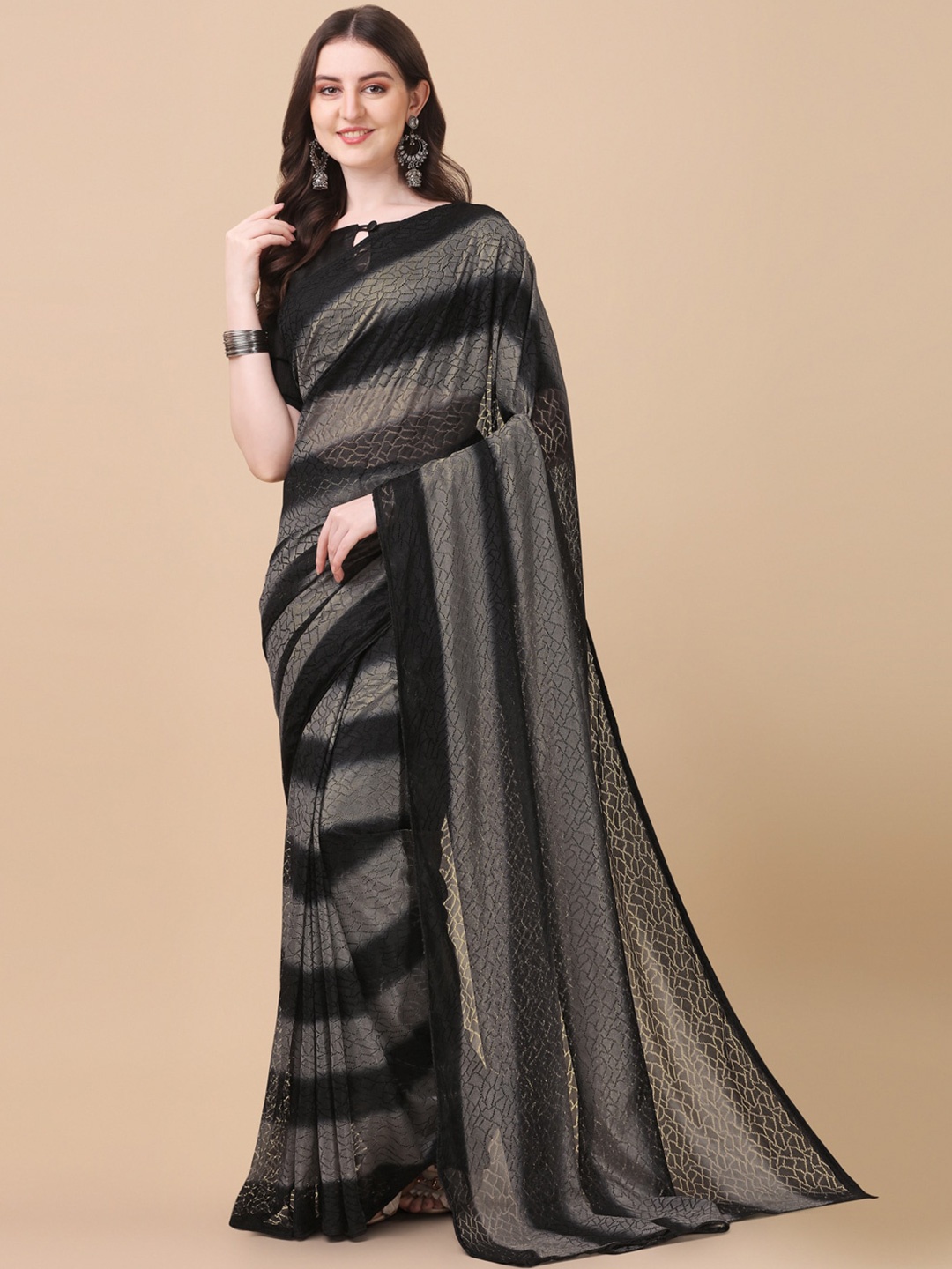 

KALINI Abstract Printed Jaali Net Saree, Black