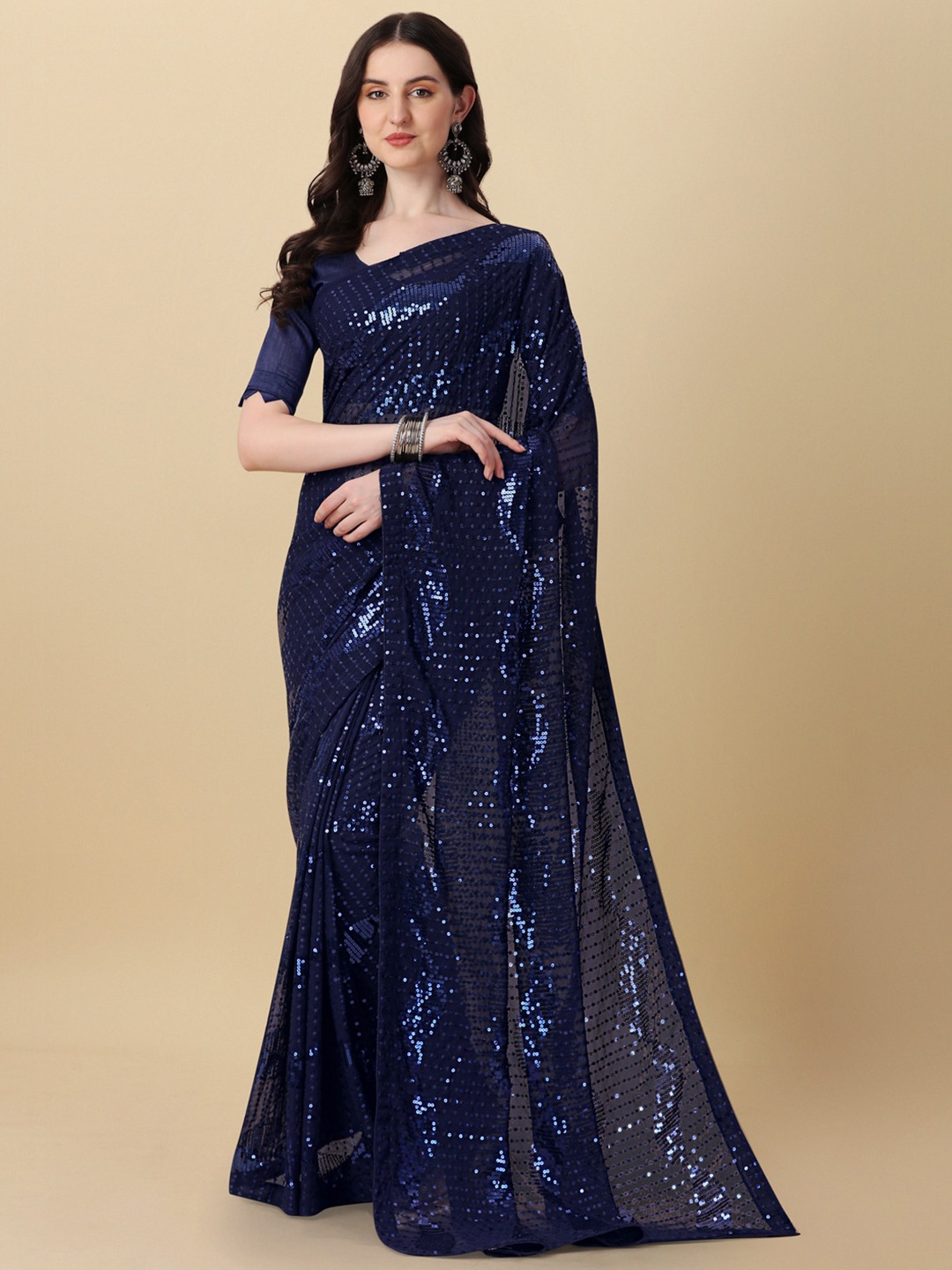 

KALINI Embellished Sequined Pure Georgette Saree, Navy blue