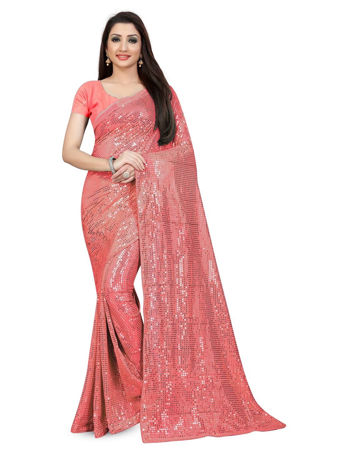 

KALINI Embellished Sequined Pure Georgette Saree, Pink